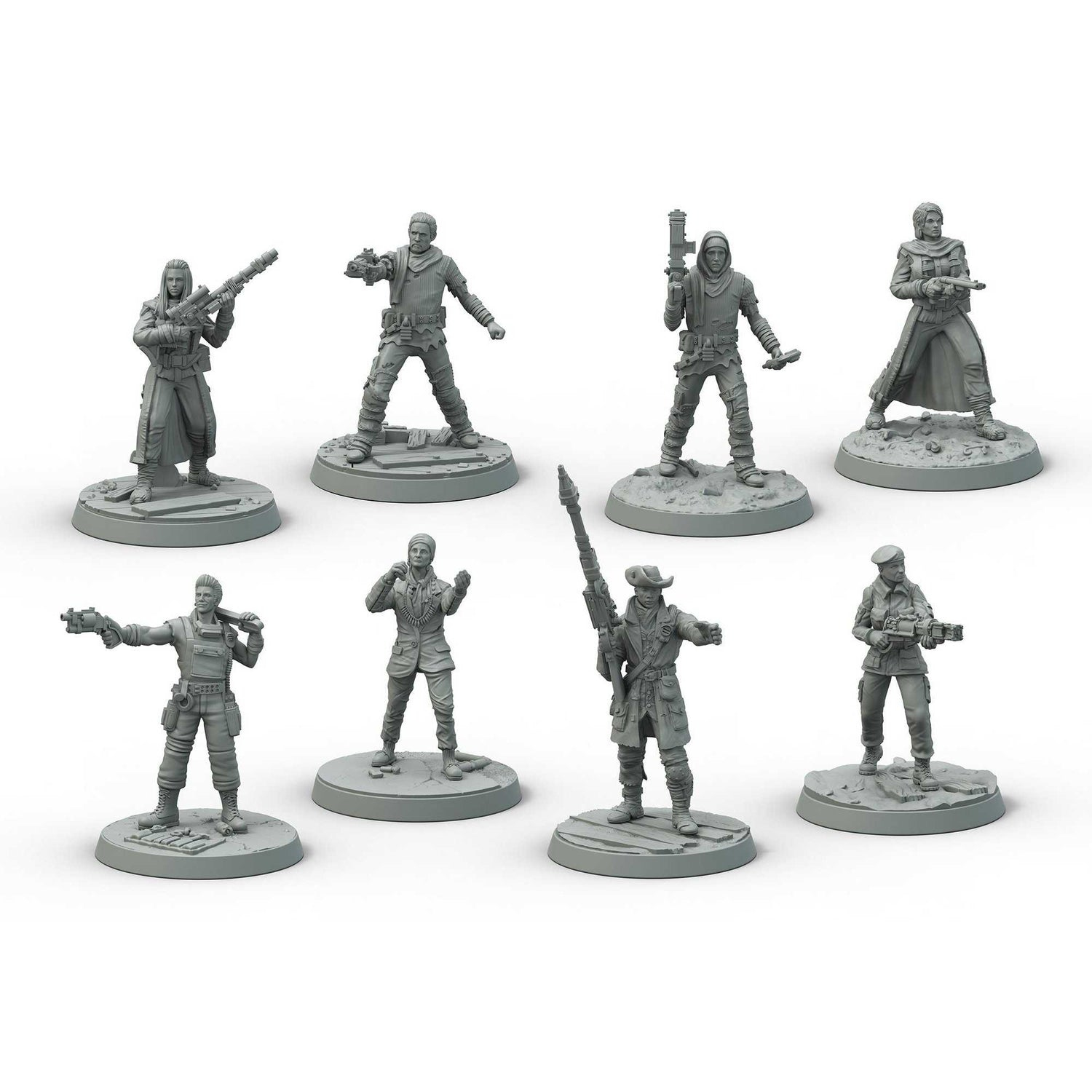Acht graue Miniaturfiguren von Menschen in Aktionsposen, einige halten Waffen. Die Figuren stehen auf runden Sockeln vor weißem Hintergrund.