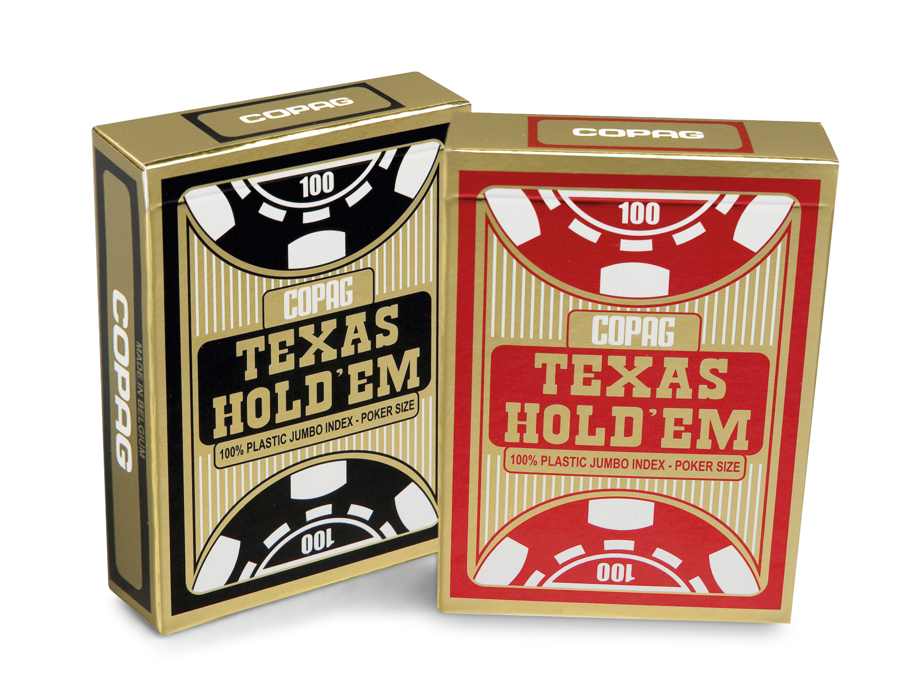 Zwei Copag Texas Hold'em Kartenboxen, eine goldfarbene mit Schwarz, die andere goldfarbene mit Rot. Beide haben ein Poker-Chip-Design und die Zahl 100.