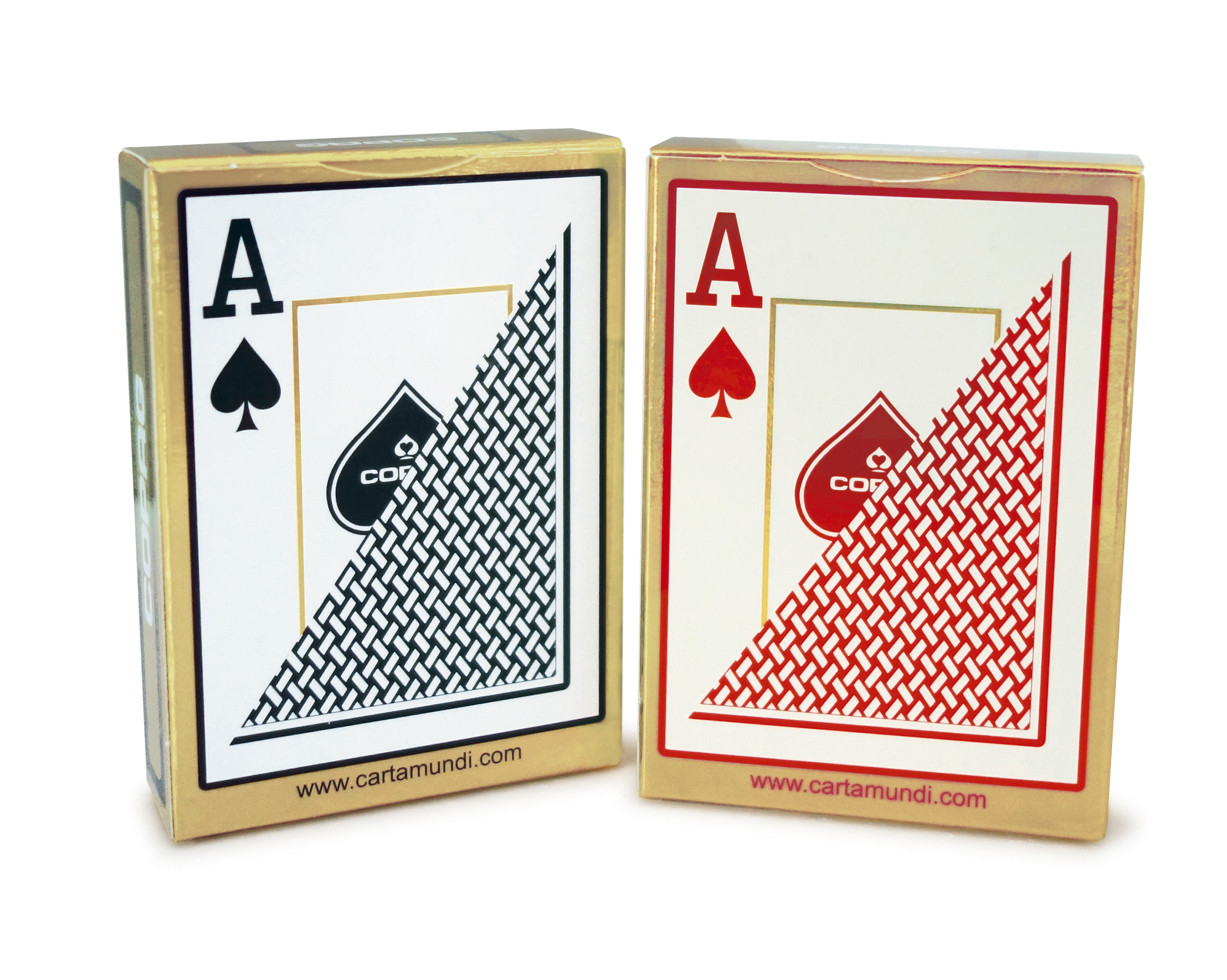 Zwei Kartenspiel-Schachteln. Eine hat ein schwarzes Pik, die andere ein rotes Herz. Beide haben das Pik/Herz Ass.
