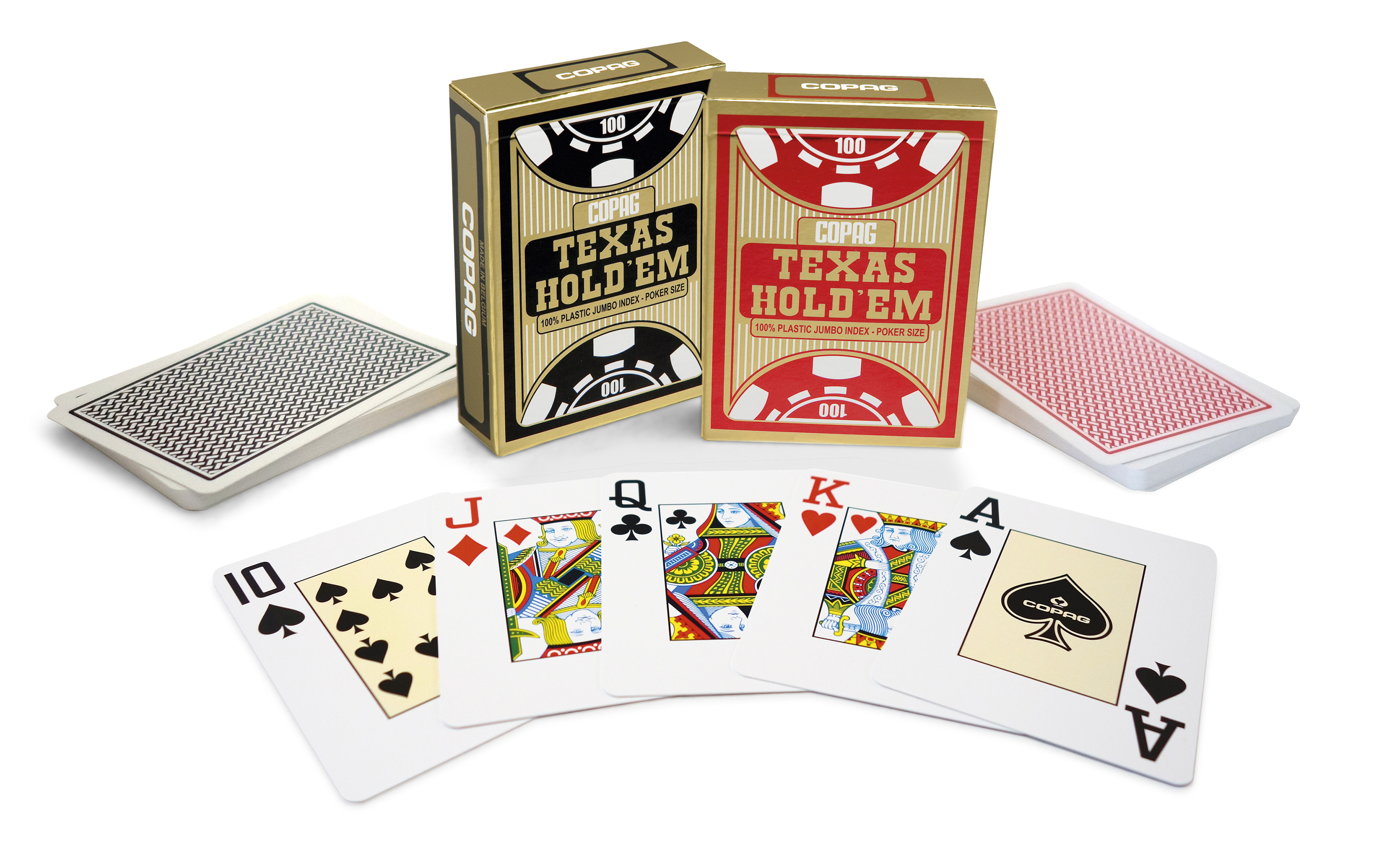 Kartenspiele, Pokerkarten stehen in einer Reihe. Zwei Kartenboxen sind dahinter.
