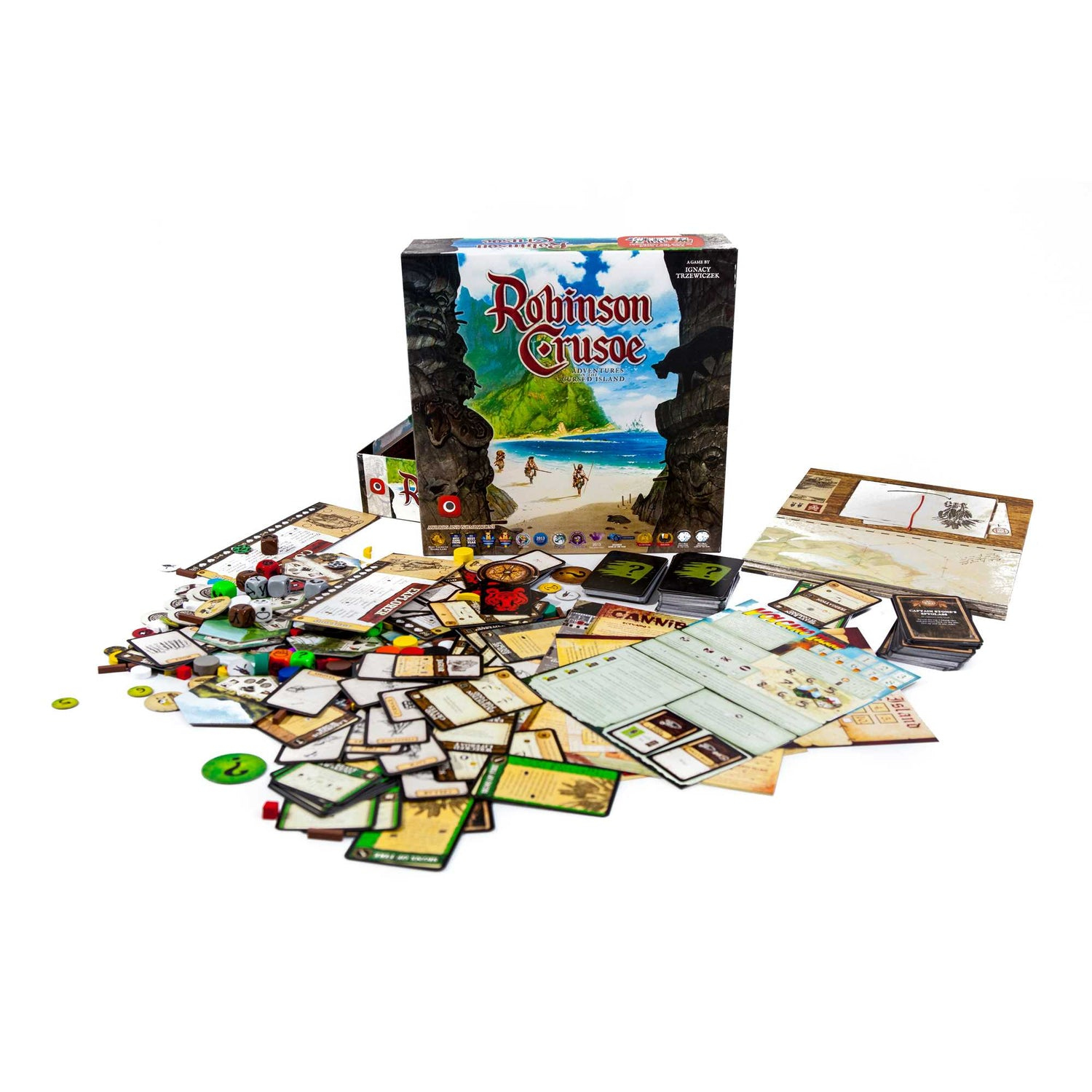 Ein Brettspiel namens 'Robinson Crusoe' wird gezeigt, mit seiner Box und verschiedenen Spielsteinen. Die Box zeigt eine Insel.