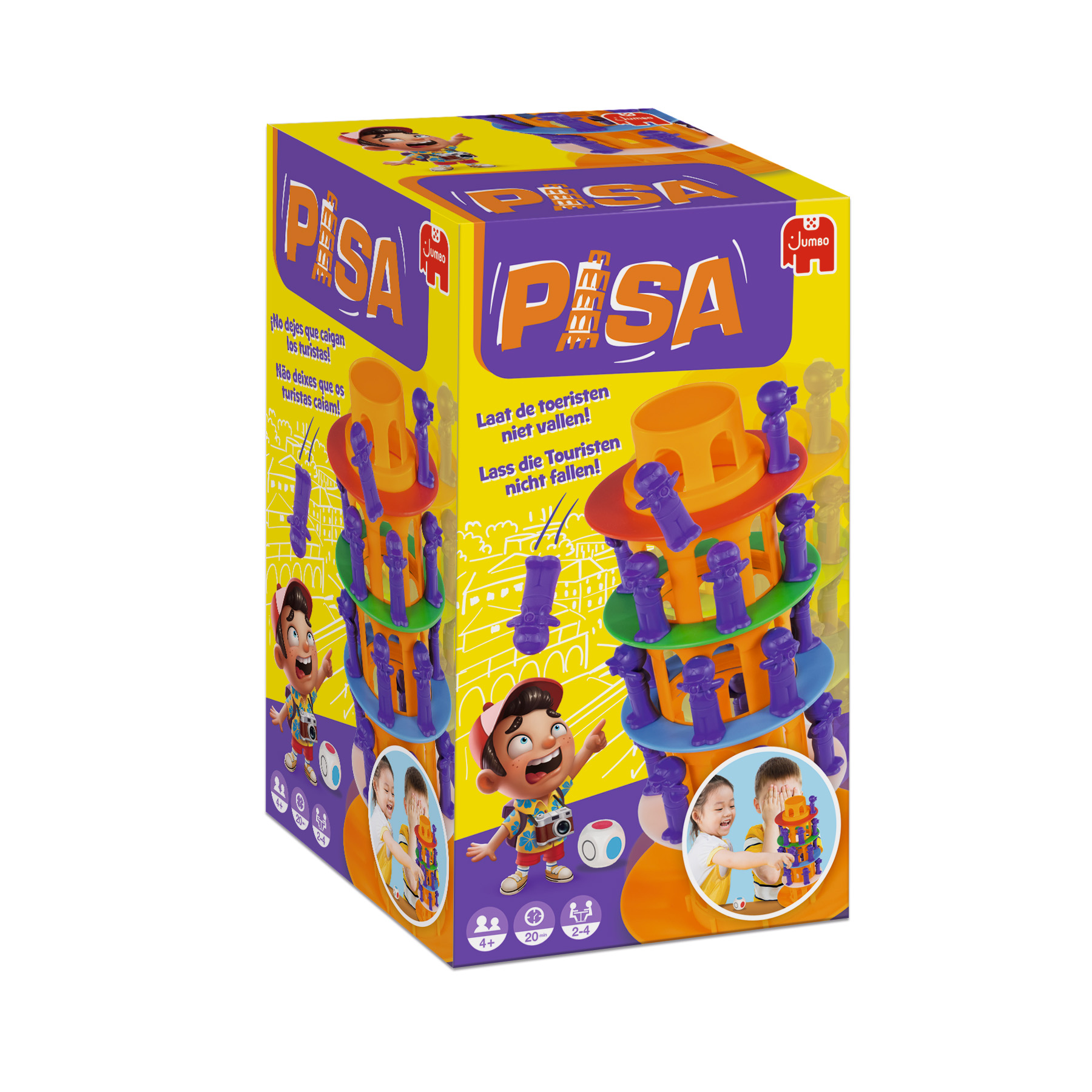 Doos van een Pisa toren spel. De doos toont de toren met vallende toeristen. Mensen spelen het spel.