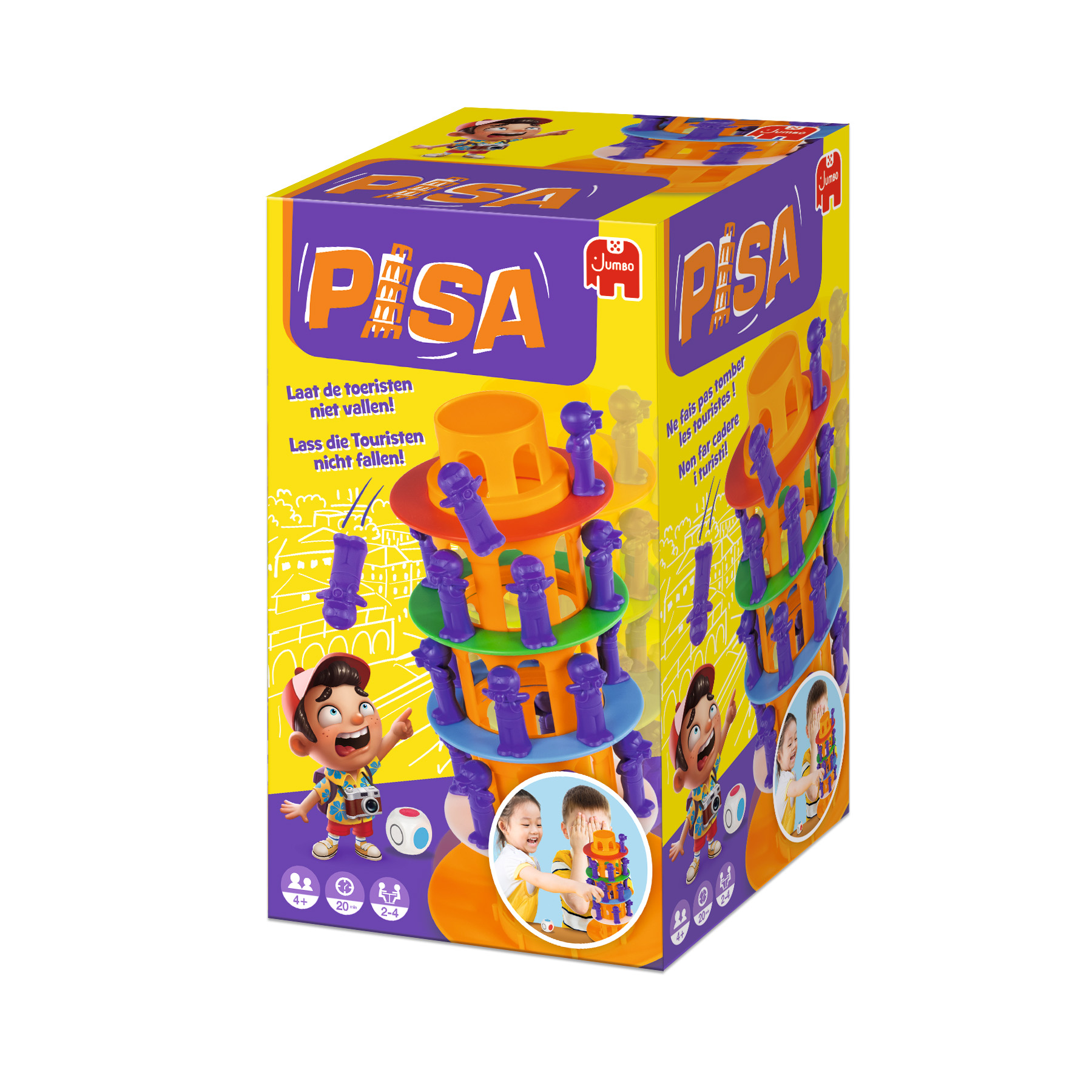 Doos van een spel genaamd PISA. Het toont een toren met beeldjes. Tekenfilmfiguren staan op de doos.