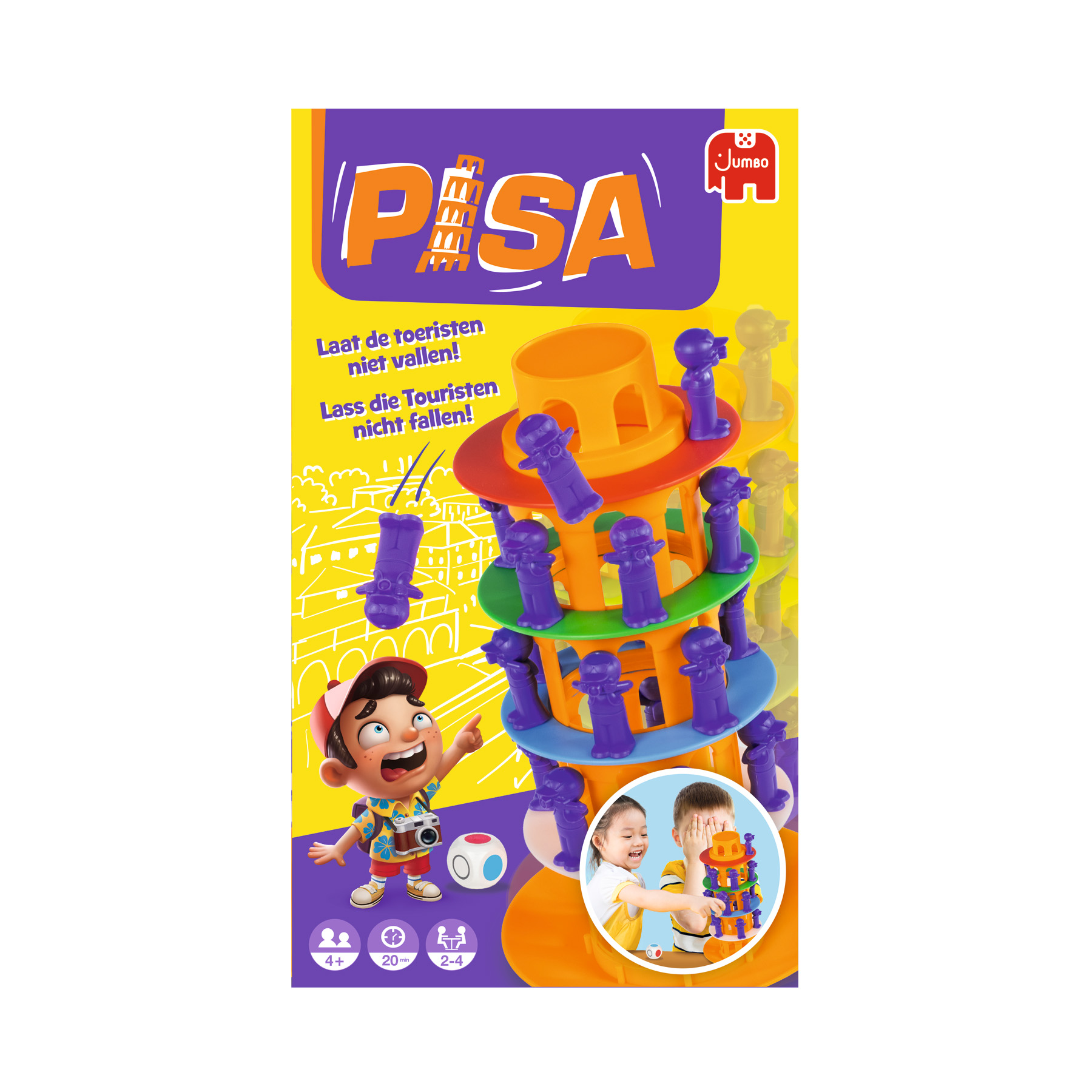 De doos toont een Pisa-torenspel met paarse figuren en het woord 'PISA'. Een jongen en kinderen spelen.