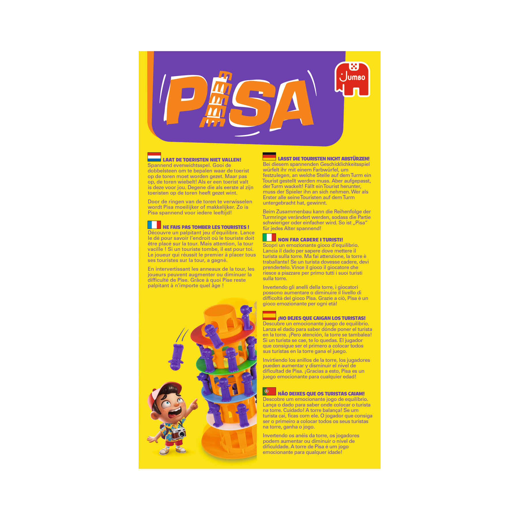 Spelbox van Pisa. Een stripfiguur wijst naar het Pisa-torenspel. De achtergrond is geel.