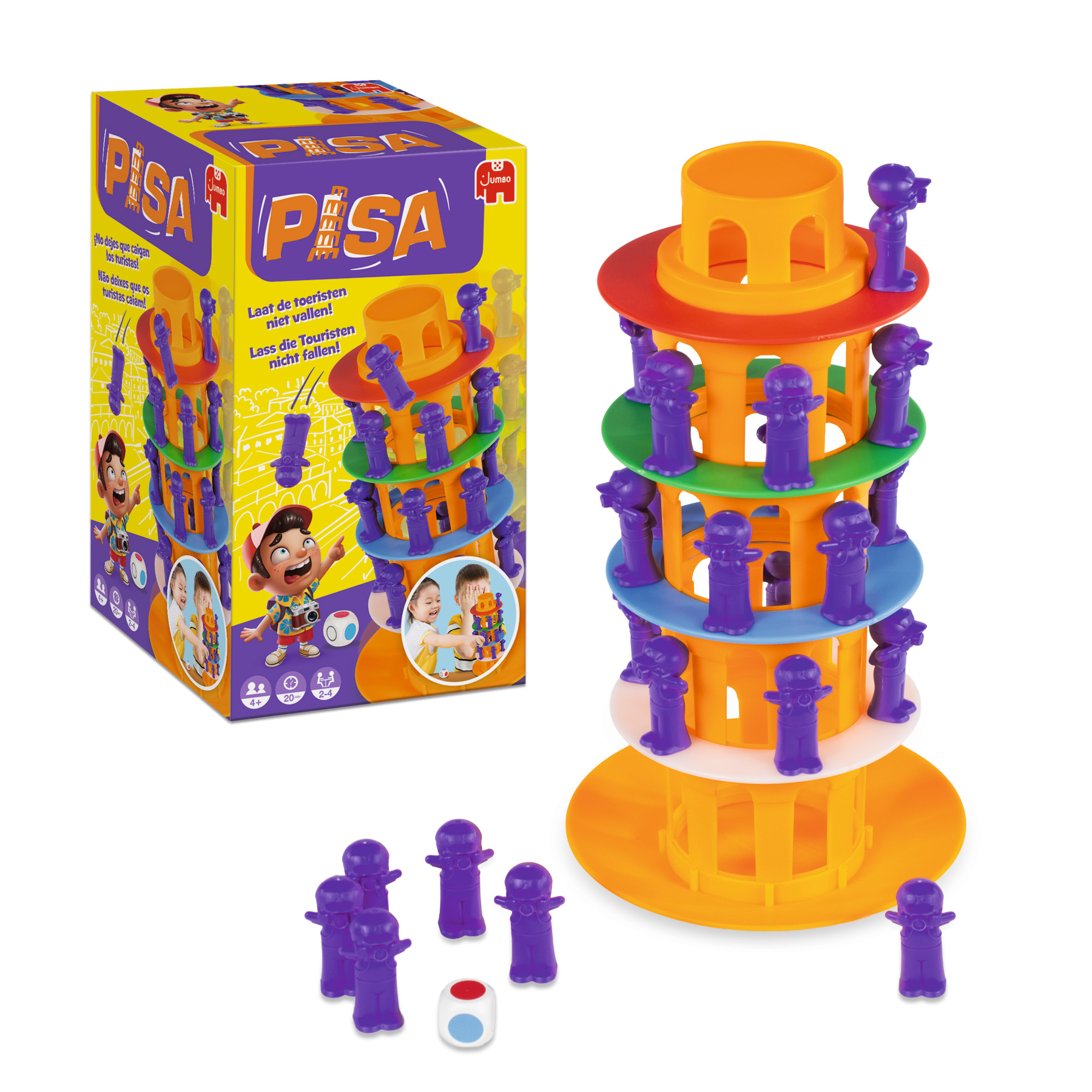 Een torenspel met een doos. De toren heeft paarse figuren op elk niveau. Een dobbelsteen en enkele figuren liggen op de grond.