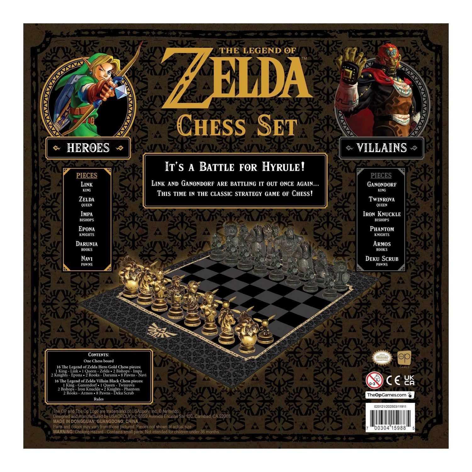 Scacchiera di The Legend of Zelda. Eroi e cattivi su una scacchiera con pezzi d'oro e d'argento.