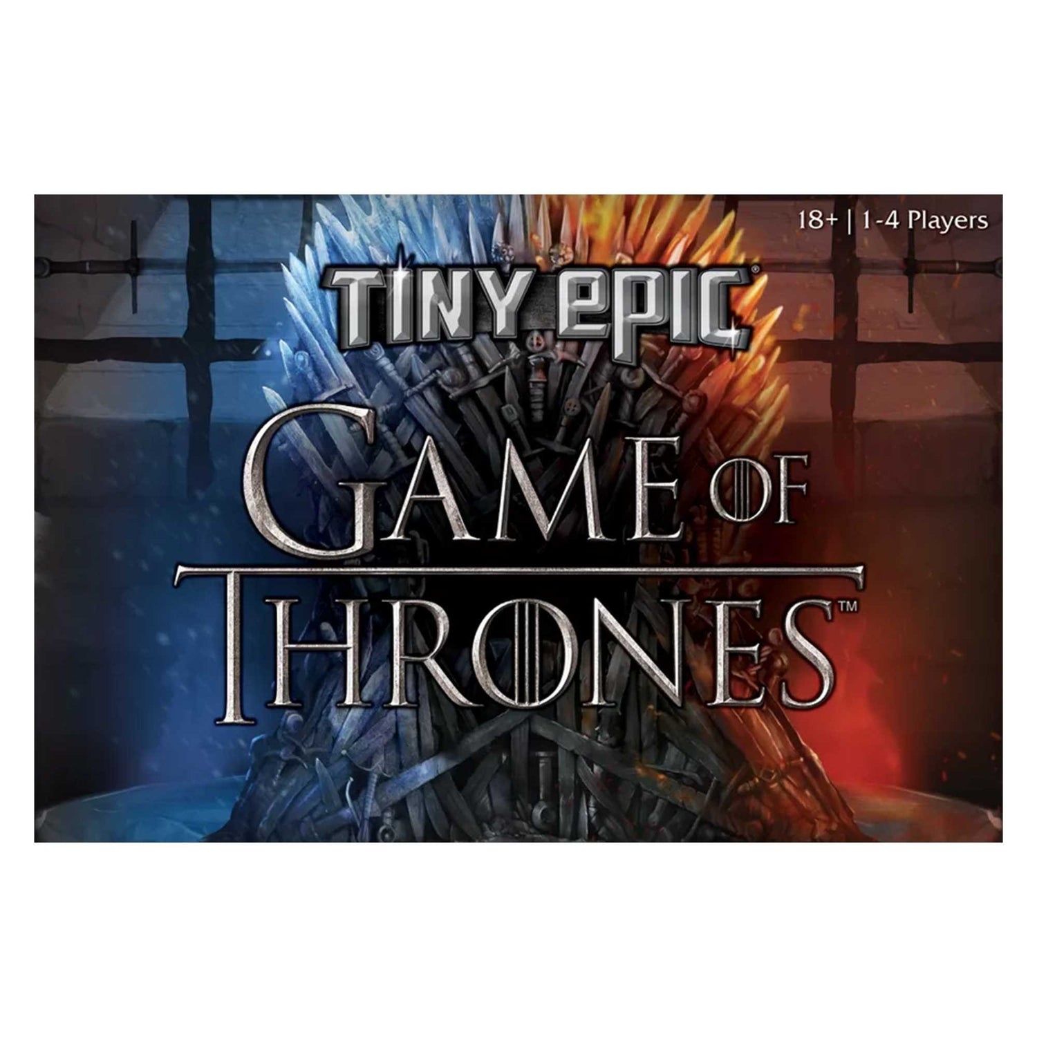 Die Box von Tiny Epic Game of Thrones. Der Eiserne Thron ist in Feuer und Eis geteilt. Der Titel ist sichtbar.
