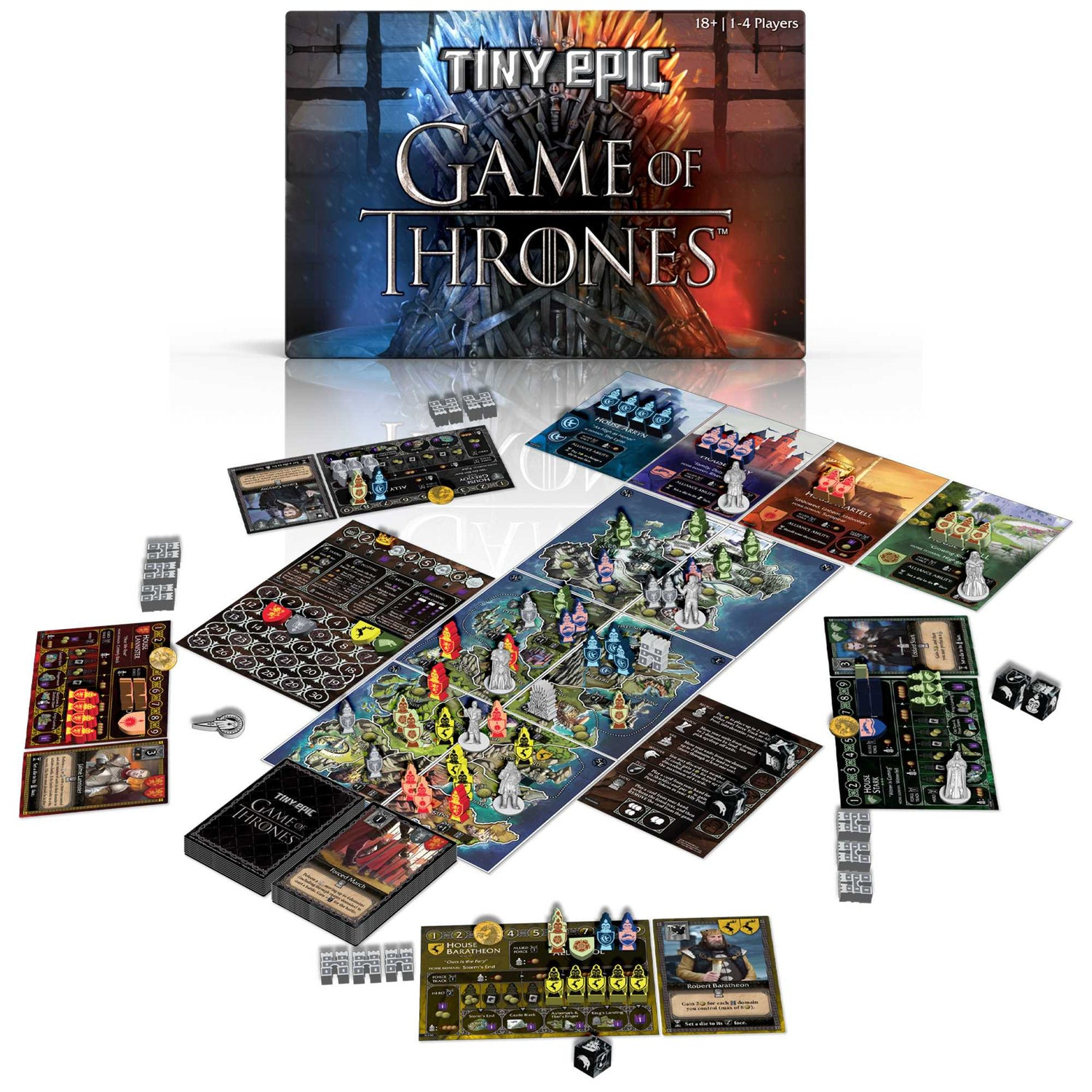 Ein Brettspiel mit dem Titel 'Tiny Epic Game of Thrones' wird mit Karten, Spielsteinen, Würfeln und einer Karte von Westeros angezeigt.