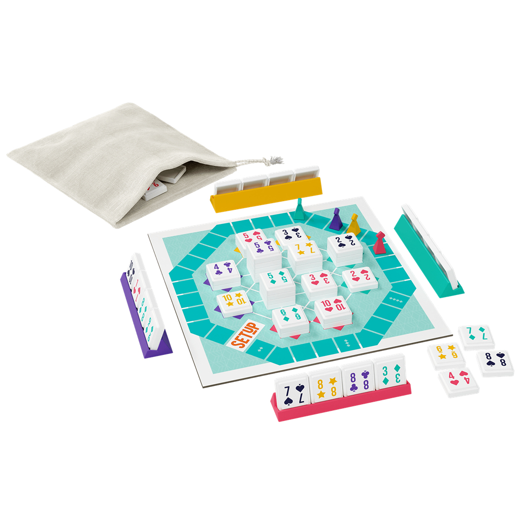 Una configuración de juego de mesa con cartas, piezas de juego y una bolsa de tela. El tablero es azul claro con diseño hexagonal.
