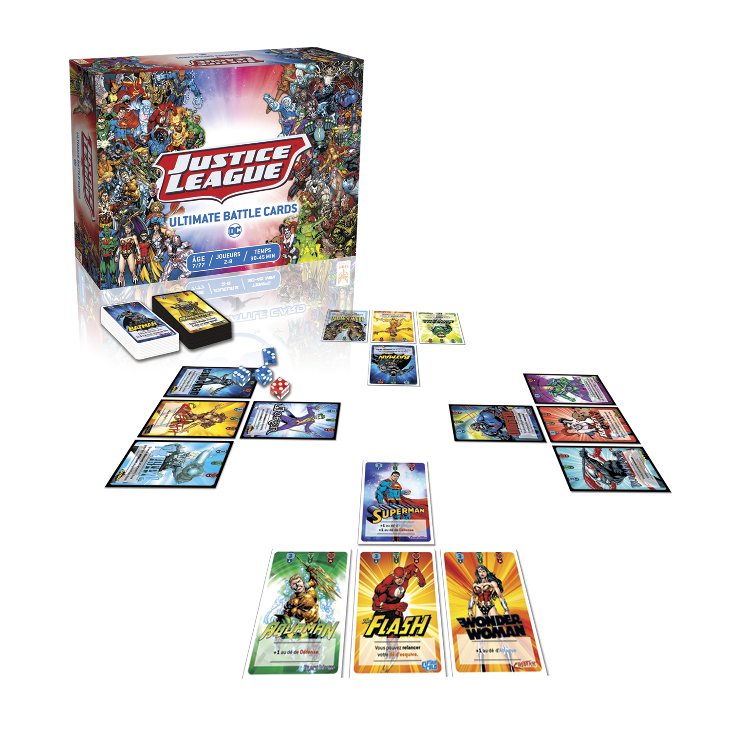 Eine Justice-League-Kartenspielbox mit Karten von Batman, Superman, Flash und Wonder Woman. Würfel und Karten sind verstreut.