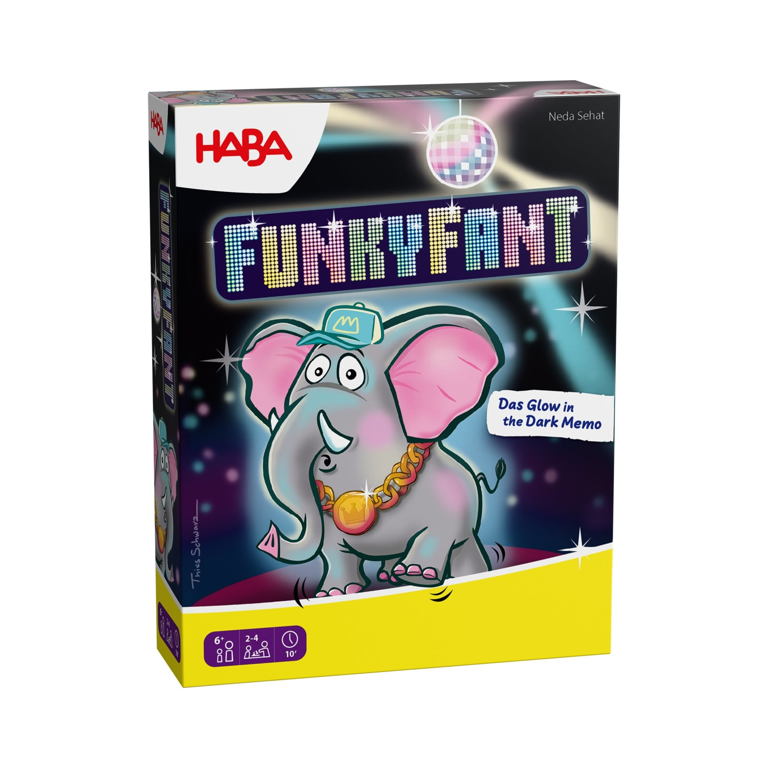 Une boîte de jeu montre un éléphant avec une casquette et un collier. Le texte indique 'FUNKYFANT' et 'Das Glow in the Dark Memo'.