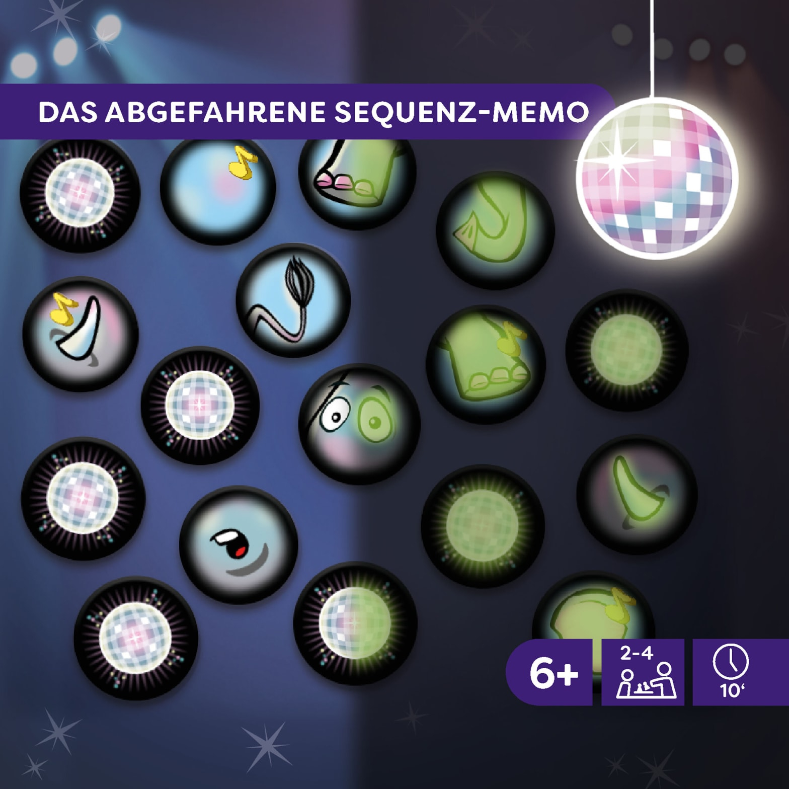 Jeu de cartes avec des images de dessins animés. Boule disco en haut et sur certaines cartes. Fond bleu foncé avec des étoiles.