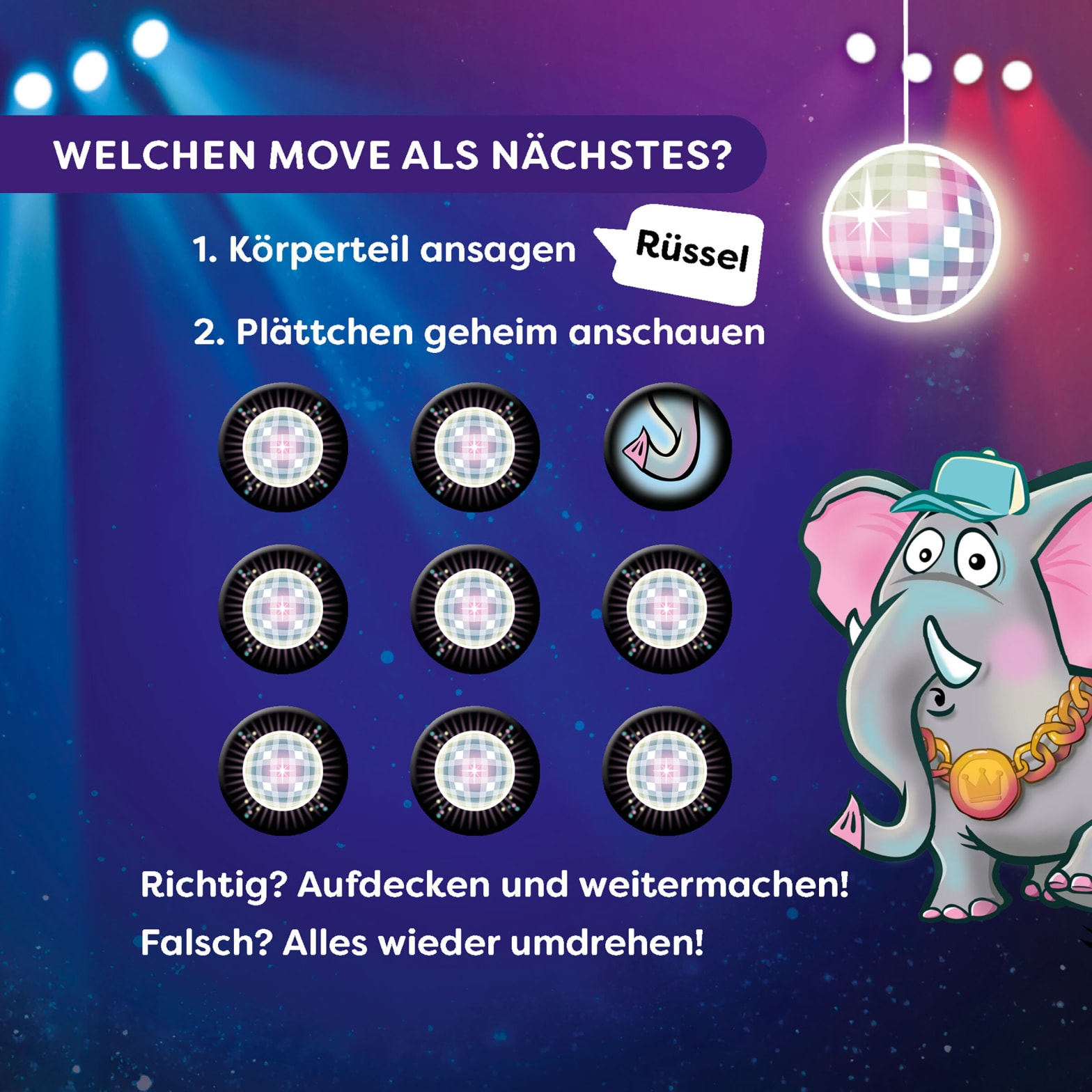 Illustration avec un éléphant, une boule disco et des instructions de jeu. Le texte est en allemand.