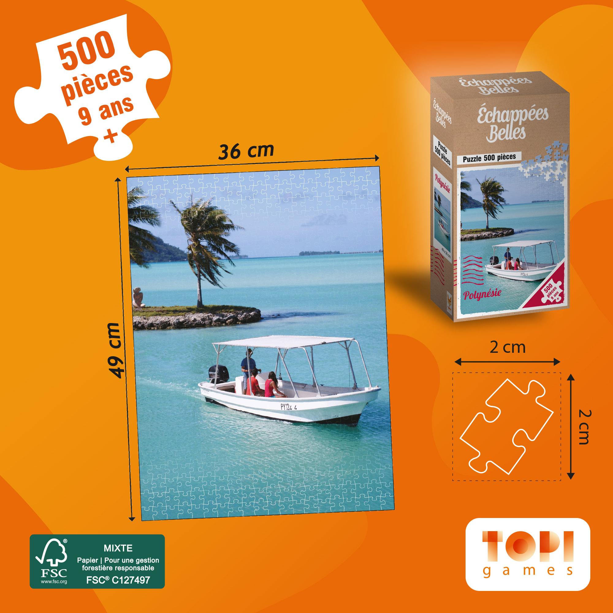 Das Puzzle zeigt ein Boot mit Menschen auf türkisfarbenem Wasser, Palmen und eine Schachtel mit dem Puzzlebild.
