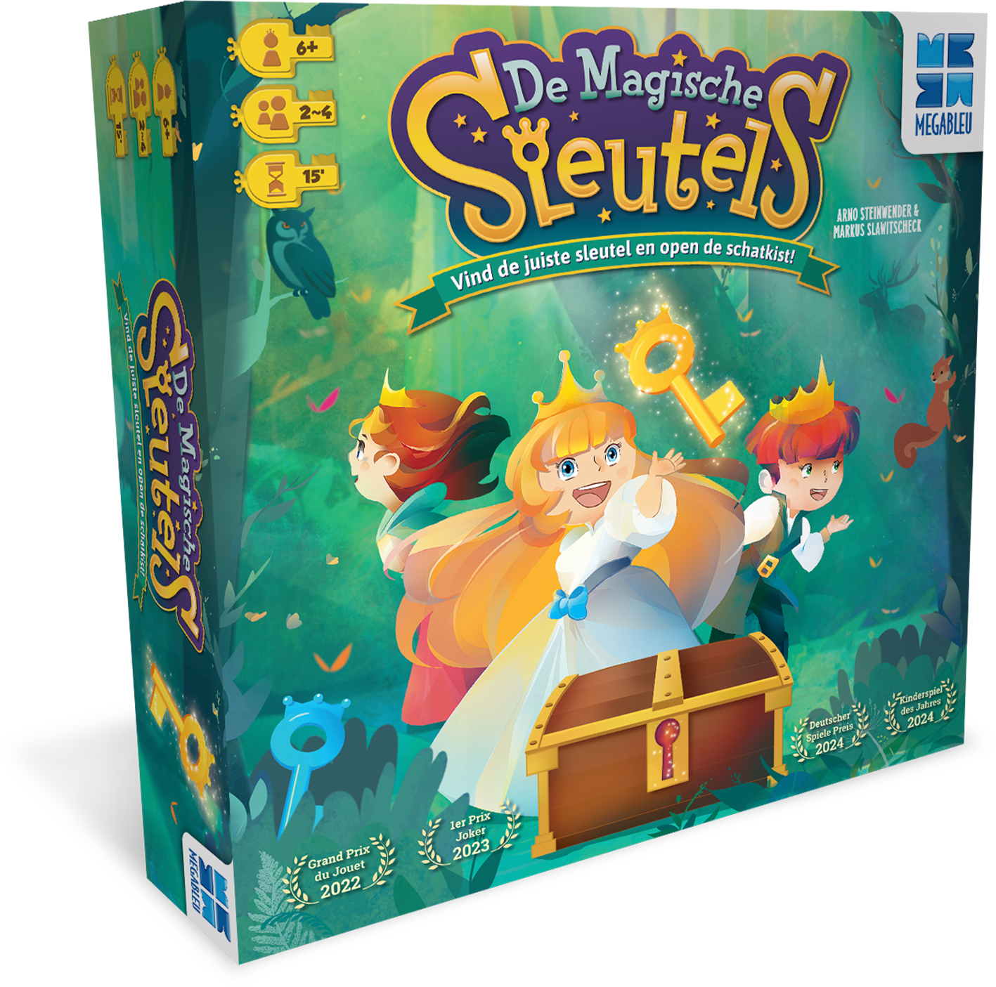 Schachtelkunst für ein Brettspiel. Zeigt eine Schatzkiste, Zeichentrickfiguren und einen großen goldenen Schlüssel.