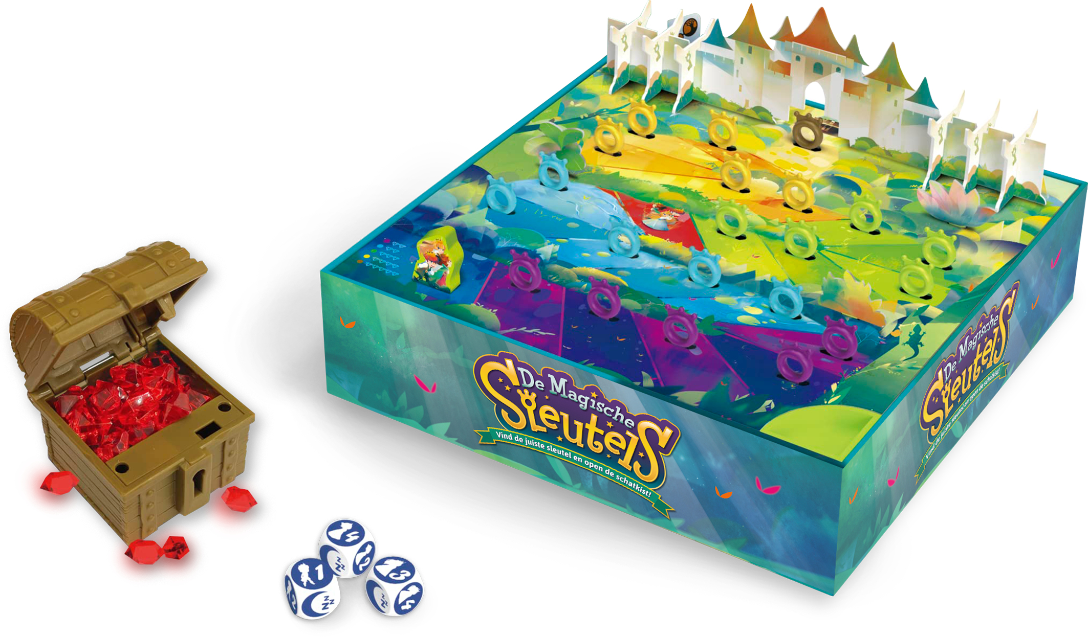 Ein Brettspiel mit einer Schatzkiste, Würfeln und einem bunten Spielbrett mit Ringen und Burg-Ausschnitten. Die Truhe ist offen mit roten Edelsteinen.