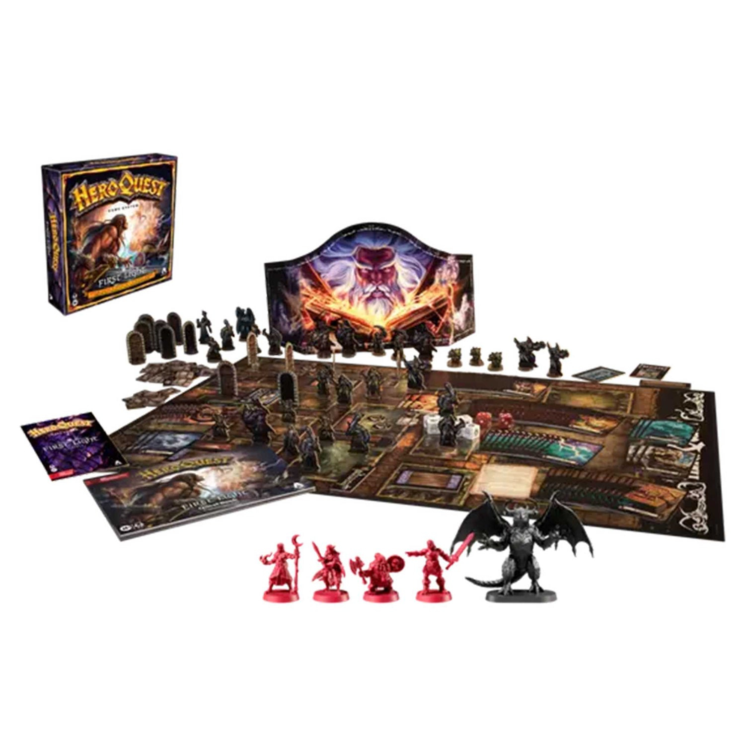 Juego de mesa HeroQuest con caja, tablero, figuras y cartas. Presenta un dragón y varias figuras de guerreros rojos sobre fondo blanco.