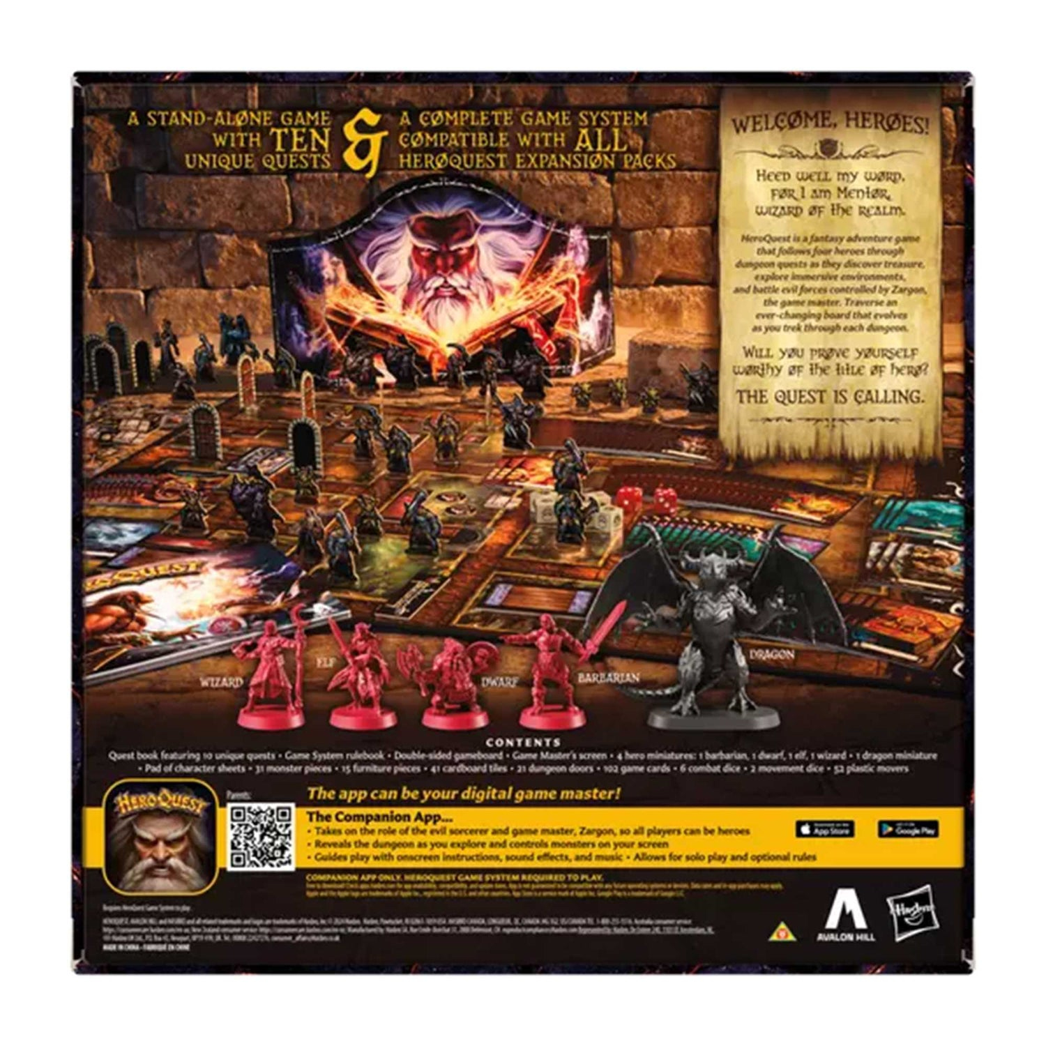 Caja del juego HeroQuest, mostrando tablero, miniaturas y texto. Incluye miniaturas de dragón, mago, enano, elfo y bárbaro.