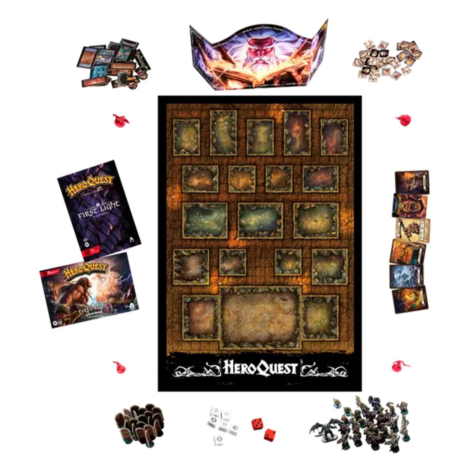 Diseño del juego de mesa HeroQuest. Incluye tablero, cartas, dados, figuras y componentes del juego sobre fondo blanco.