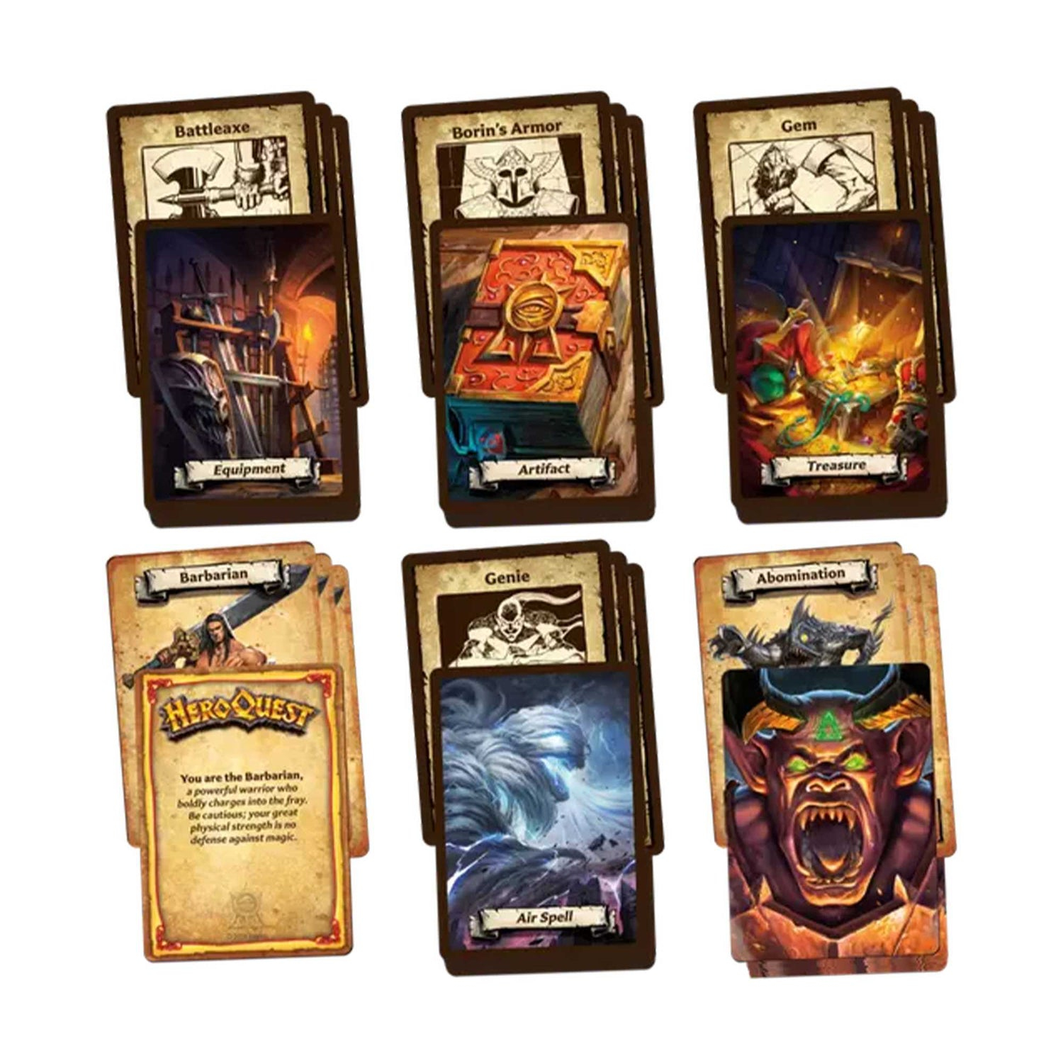 Se muestran seis cartas de juego. Las cartas muestran: hacha de batalla, armadura, gema, equipo, artefacto, tesoro, bárbaro, genio y abominación.