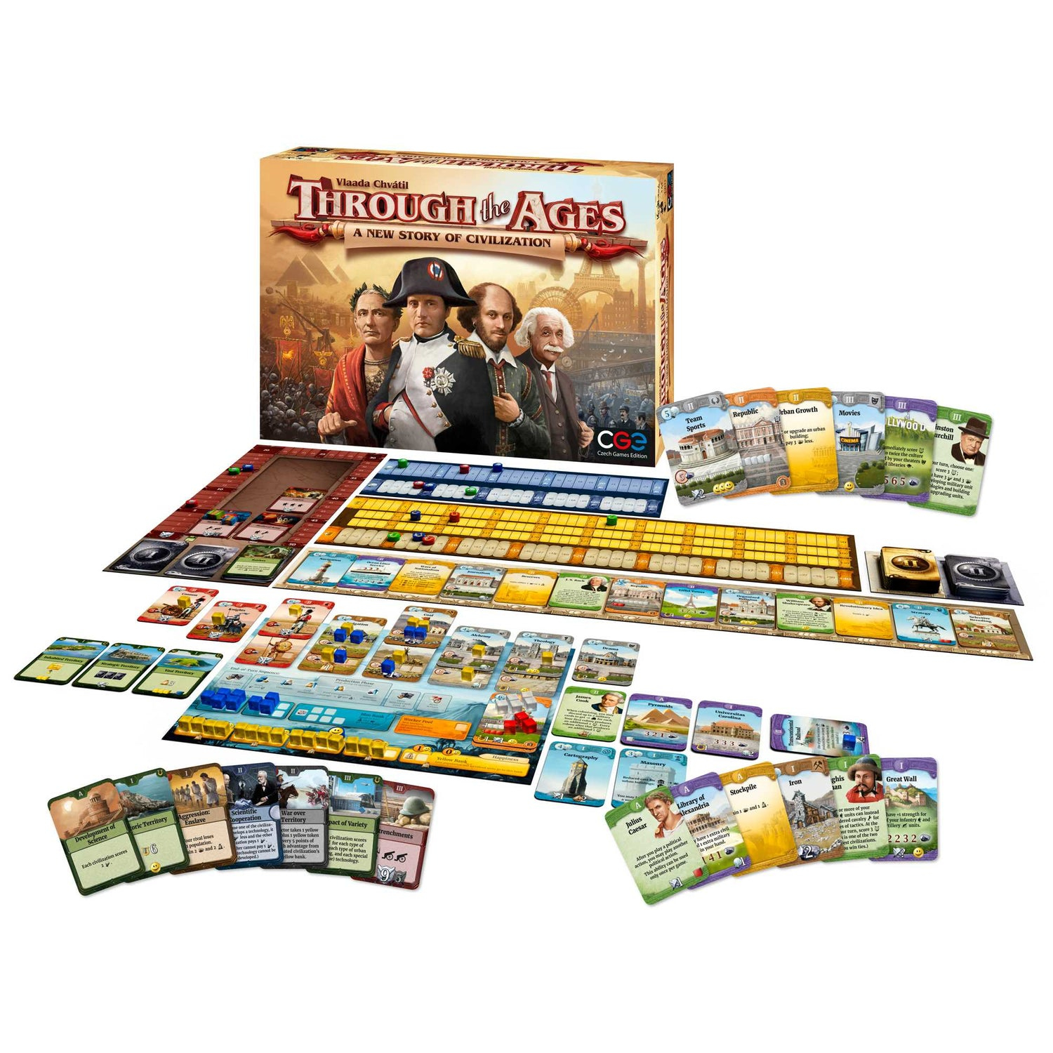 Brettspiel 'Through the Ages'. Box mit historischen Figuren. Karten, Spielbretter und Spielsteine sind ausgebreitet.