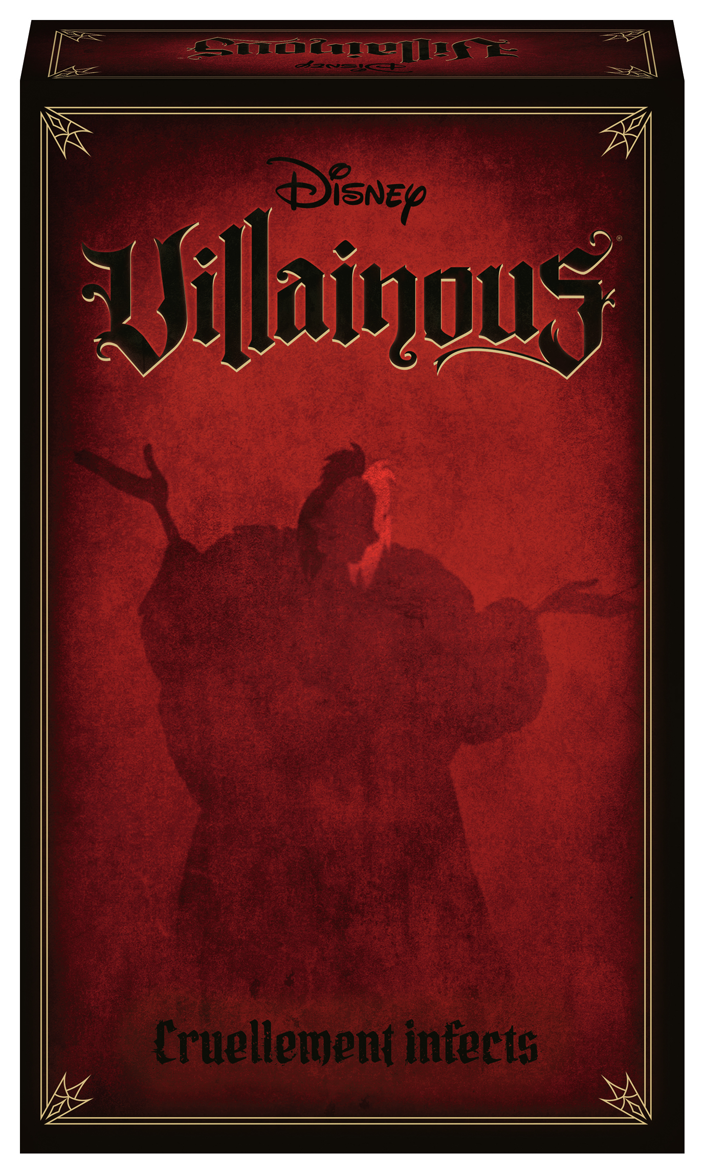 Illustrazione della scatola del gioco da tavolo Disney Villainous. Presenta uno sfondo rosso con una figura di cattivo in ombra e il titolo del gioco.