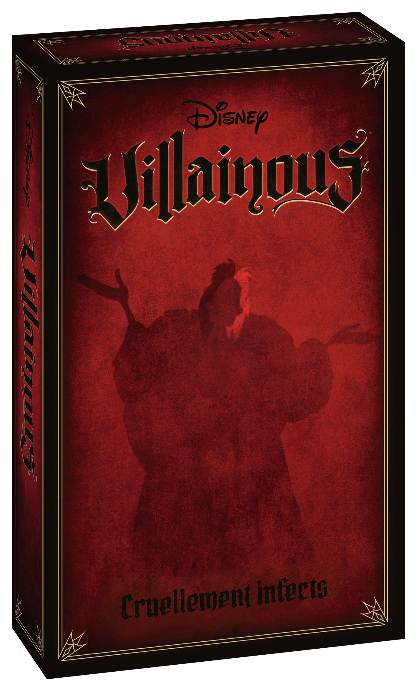 La scatola del gioco Disney Villainous. Sfondo rosso con una sagoma di cattivo e il titolo del gioco.