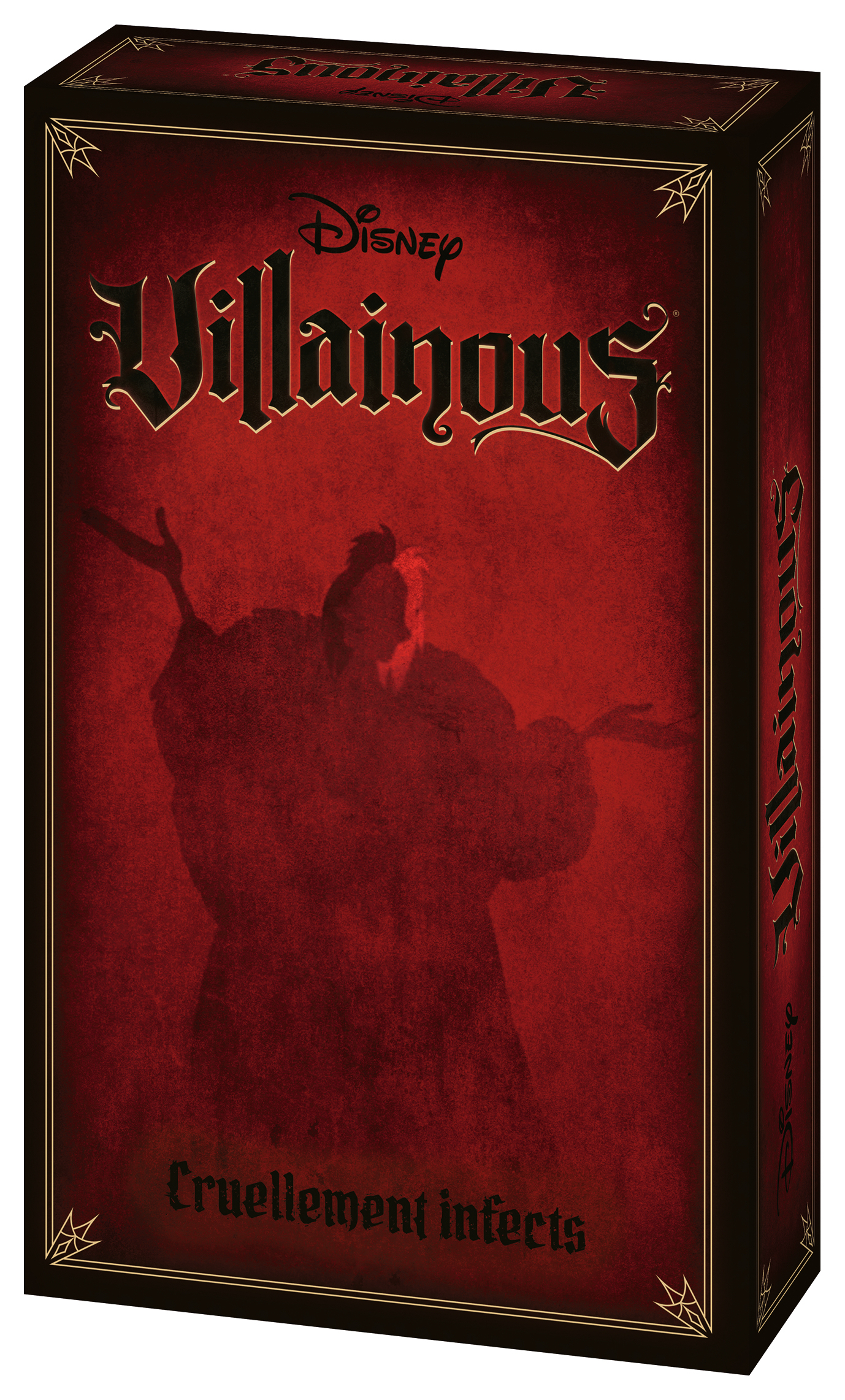 Una scatola del gioco Disney Villainous. La scatola è rossa con la silhouette di un cattivo. Il titolo è Villainous.