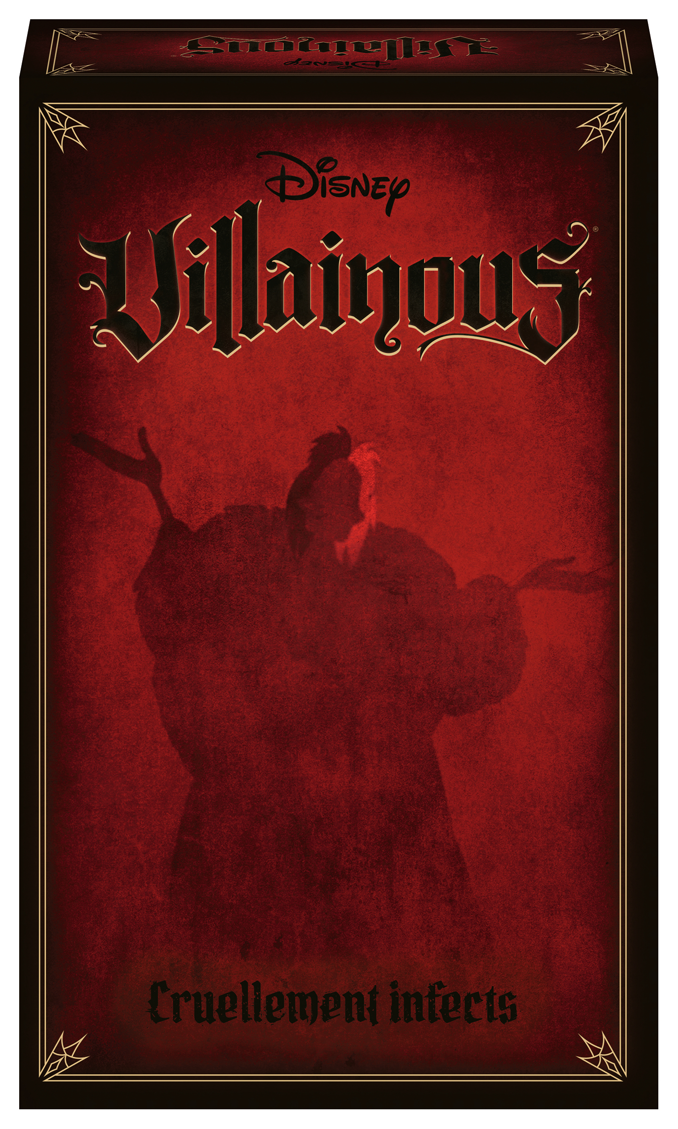 Illustrazione della scatola di Disney Villainous. Sfondo rosso con la sagoma di un cattivo. Il titolo è 'Villainous'.