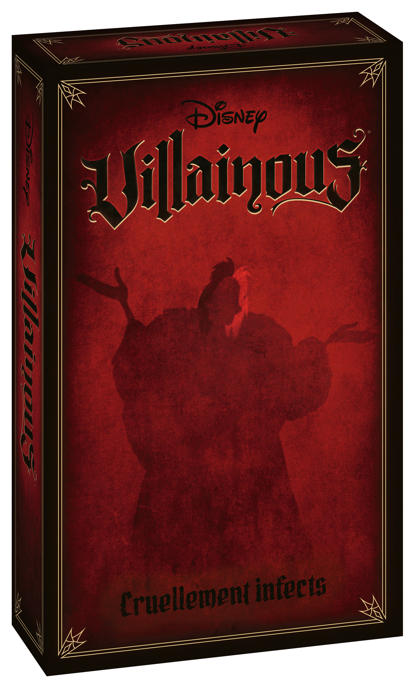 La scatola del gioco da tavolo Disney Villainous. Silhouette di Crudelia su sfondo rosso, con scritte dorate. Il titolo è Villainous.