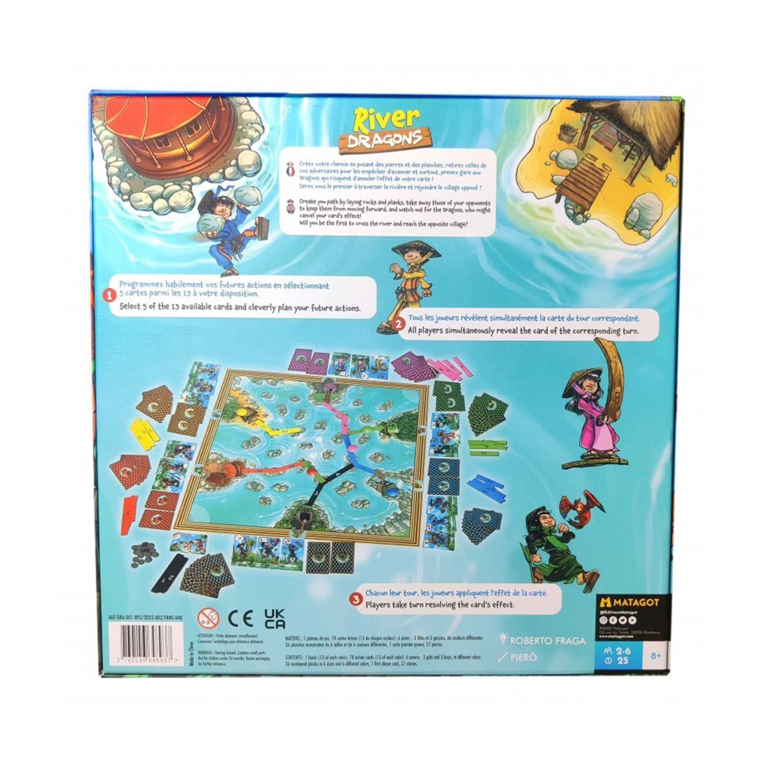 Brettspielbox mit Illustrationen eines Flusses, Figuren und Anweisungen.
