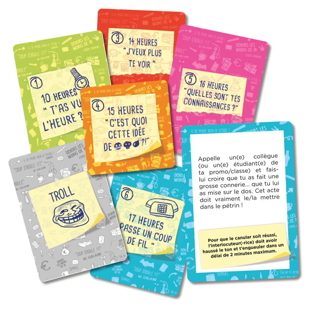 Karten mit Text, Zeichnungen und Zahlen. Textbeispiele: 'T'as vu l'heure?', 'J'veux plus te voir', 'C'est quoi cette idée?'.