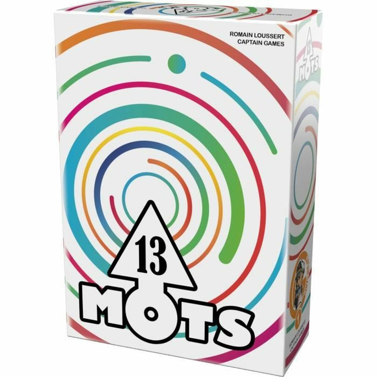 Schachtel des Spiels 13 Mots mit bunten Wirbeldesign. Schwarzes Dreieck mit '13' und 'MOTS'. Name und Captain Games sind aufgedruckt.