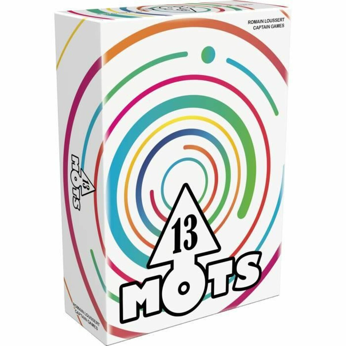 Eine Spielbox mit farbenfrohem Spiraldesign. Mit den Worten '13 Mots' und einem Dreieck und Pfeil darüber.