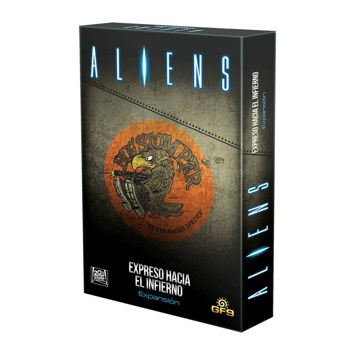 Eine Spielbox für Aliens. Sie hat das Wort Aliens und ein Logo eines Adlers mit einer Waffe. Auf der Box steht 'Expreso Hacia El Infierno'.