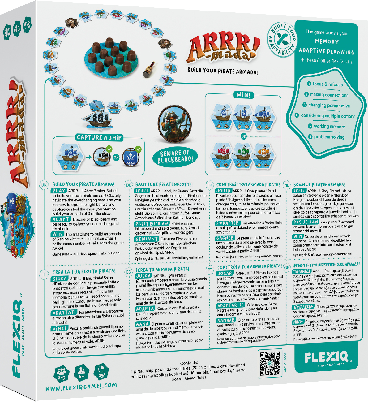Ein Spielbrett mit Piraten, Schiffen und Text. Das Spiel heißt ARRR-mada.