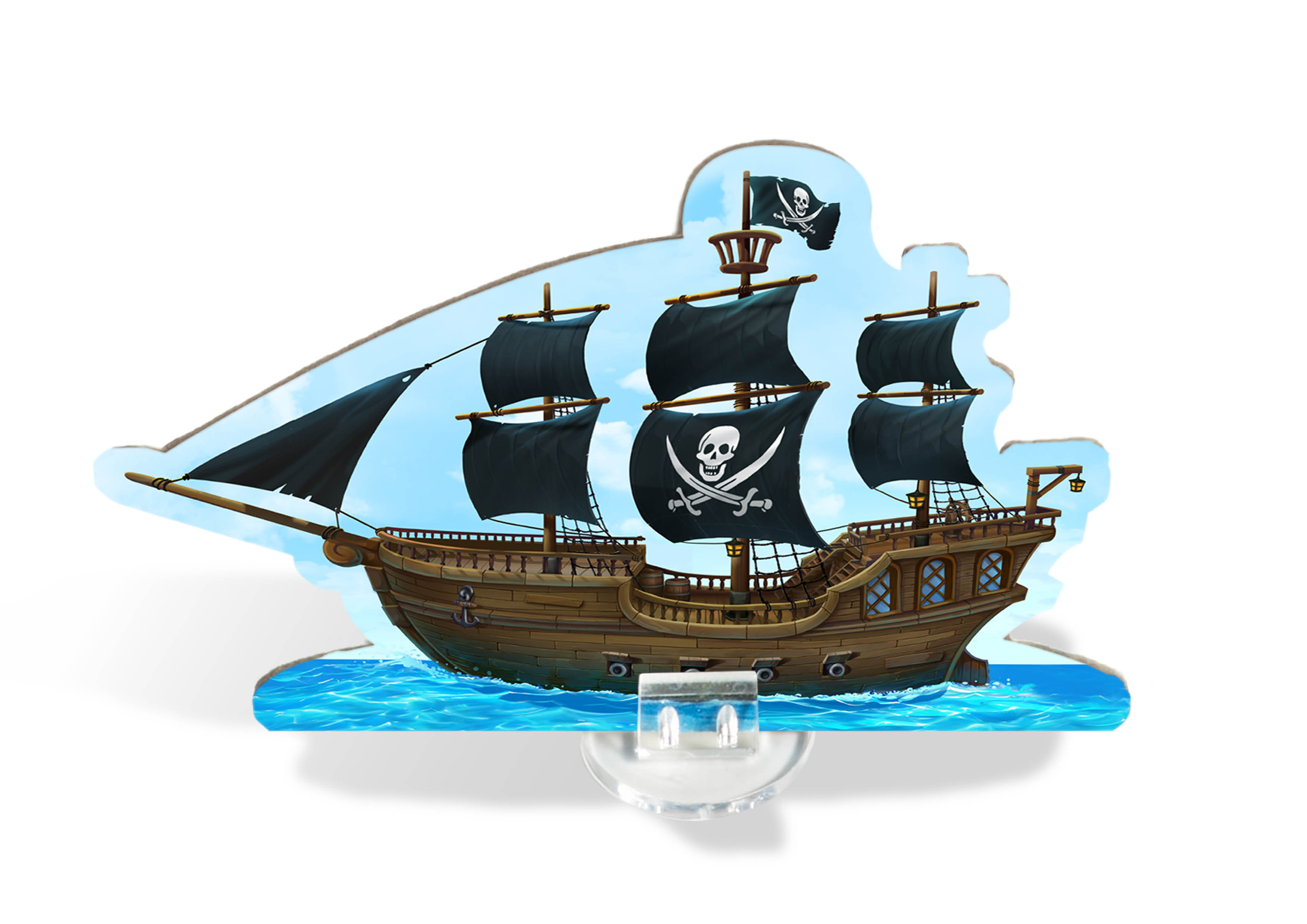 Ein Cartoon-Piratenschiff mit schwarzen Segeln und Totenkopfflagge segelt auf blauem Wasser, blauer Himmel im Hintergrund.