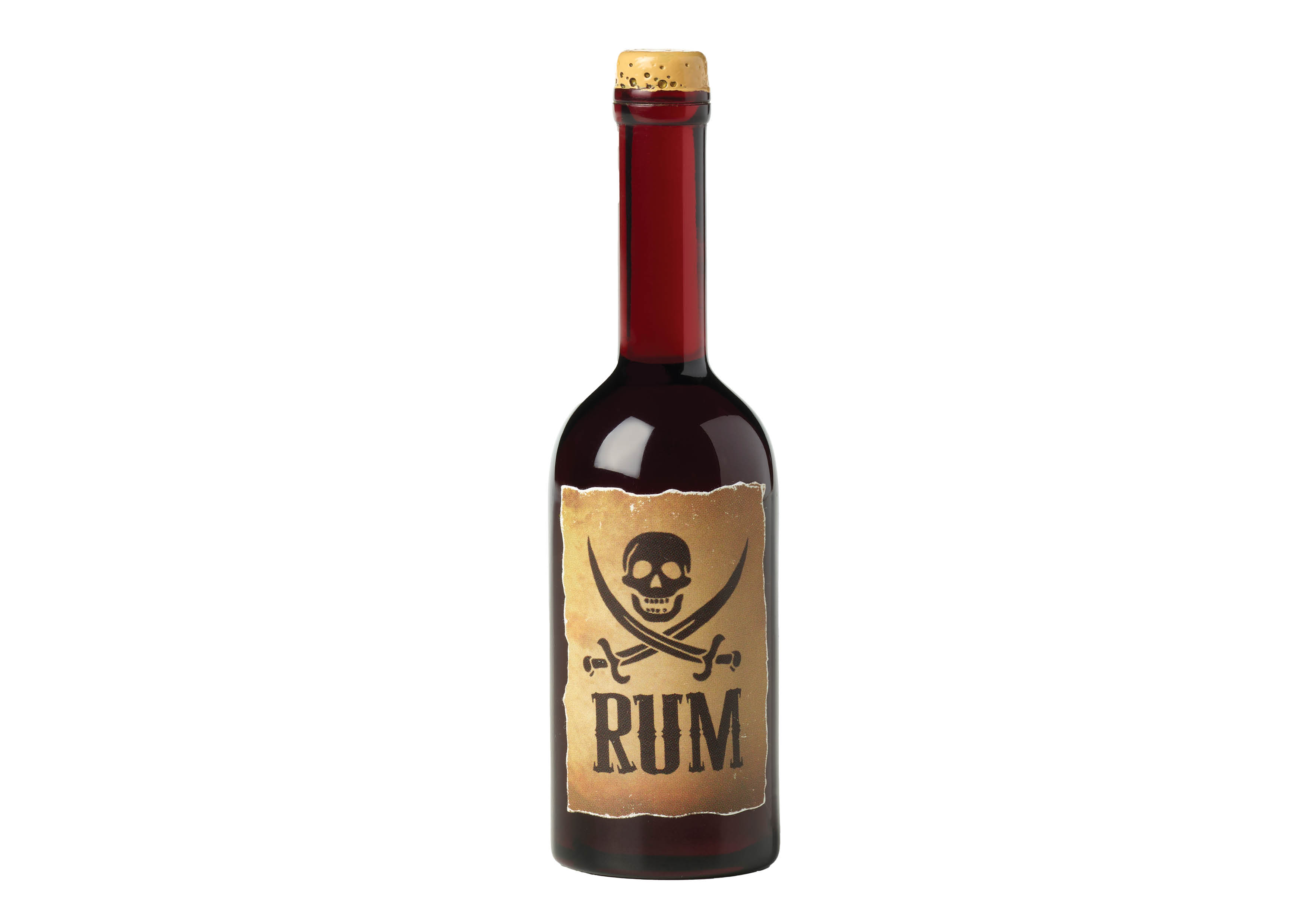 Eine Rumflasche mit Totenkopf- und gekreuzten Knochen-Etikett. Die Flasche ist aus dunklem Glas.