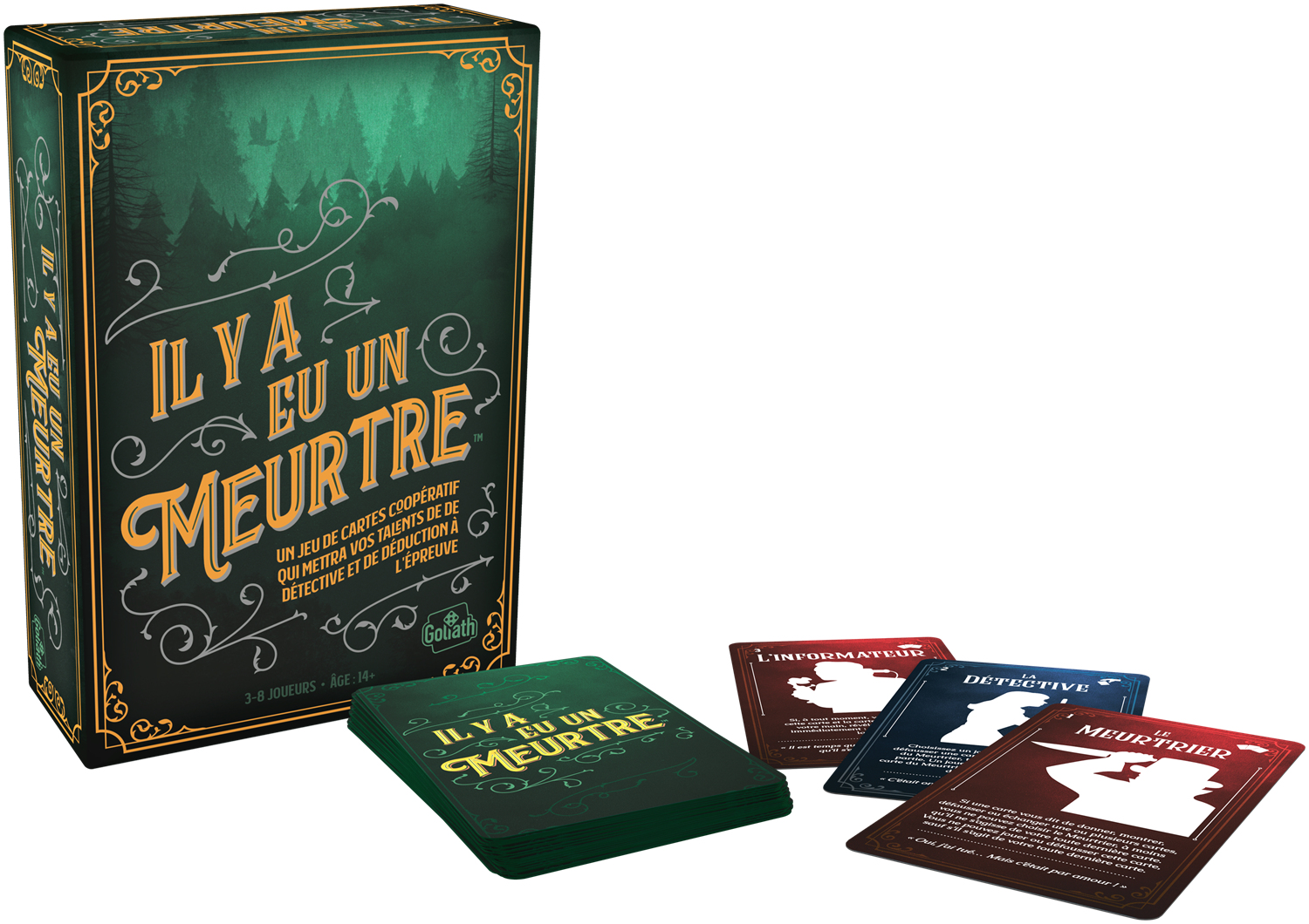 Una scatola e carte per un gioco intitolato 'Ilya Eu Un Meurtre'. Le carte includono 'L'Informateur', 'Detective' e 'Le Meurtrier'.