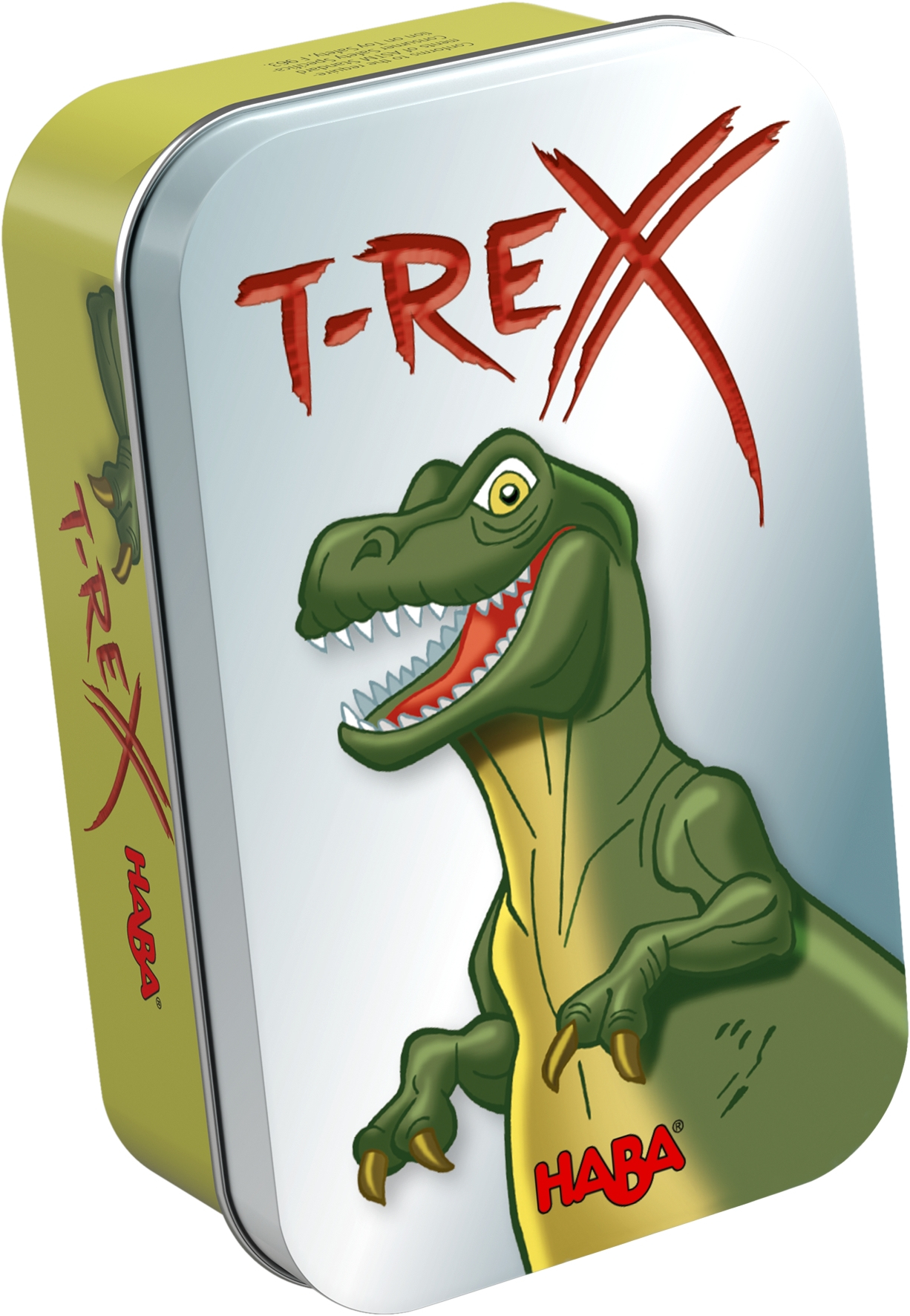 Eine T-Rex-Spielzeugdose. Enthält einen grünen Dinosaurier mit rotem Mund und Zähnen. Roter 'T-REX'-Text und ein rotes 'X' sind ebenfalls sichtbar.