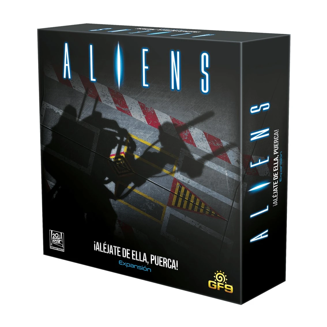 Schachtelkunst für die 'Aliens' Brettspielerweiterung. Zeigt den Titel, eine Silhouette eines Fahrzeugs und den Satz 'Geh weg von ihr, Schlampe!'