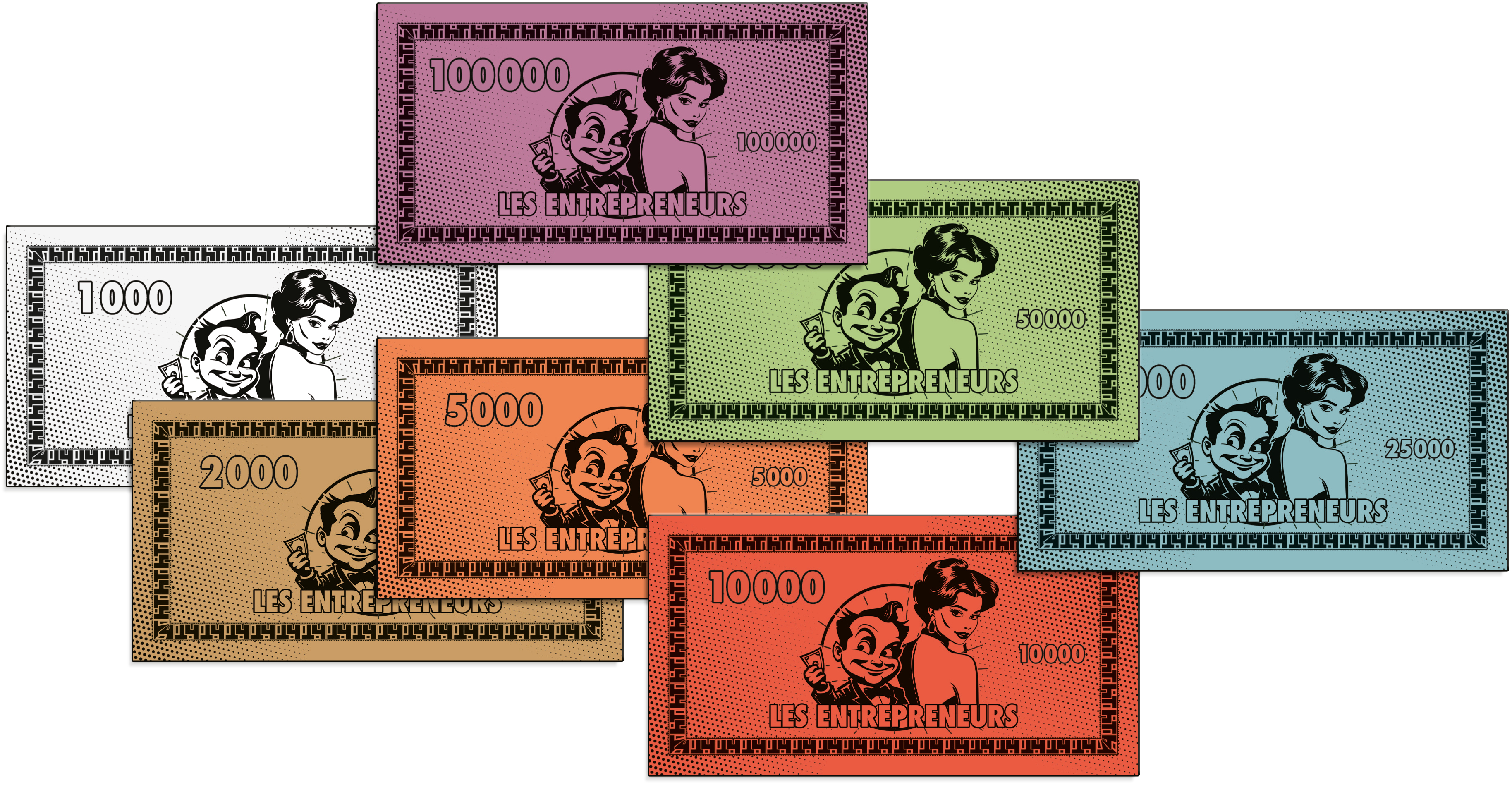 Das Bild zeigt mehrere Banknoten mit unterschiedlichen Werten, die jeweils ein Männer- und Frauenporträt mit dem Text 'LES ENTREPRENEURS' zeigen.