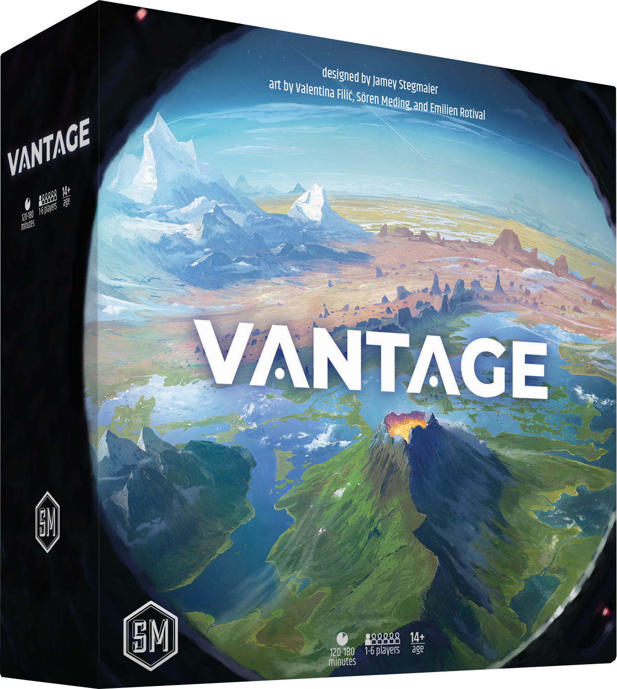 Het bordspel 'Vantage' heeft een landschapsillustratie. De doos toont bergen, een vulkaan en de titel van het spel in grote witte letters.