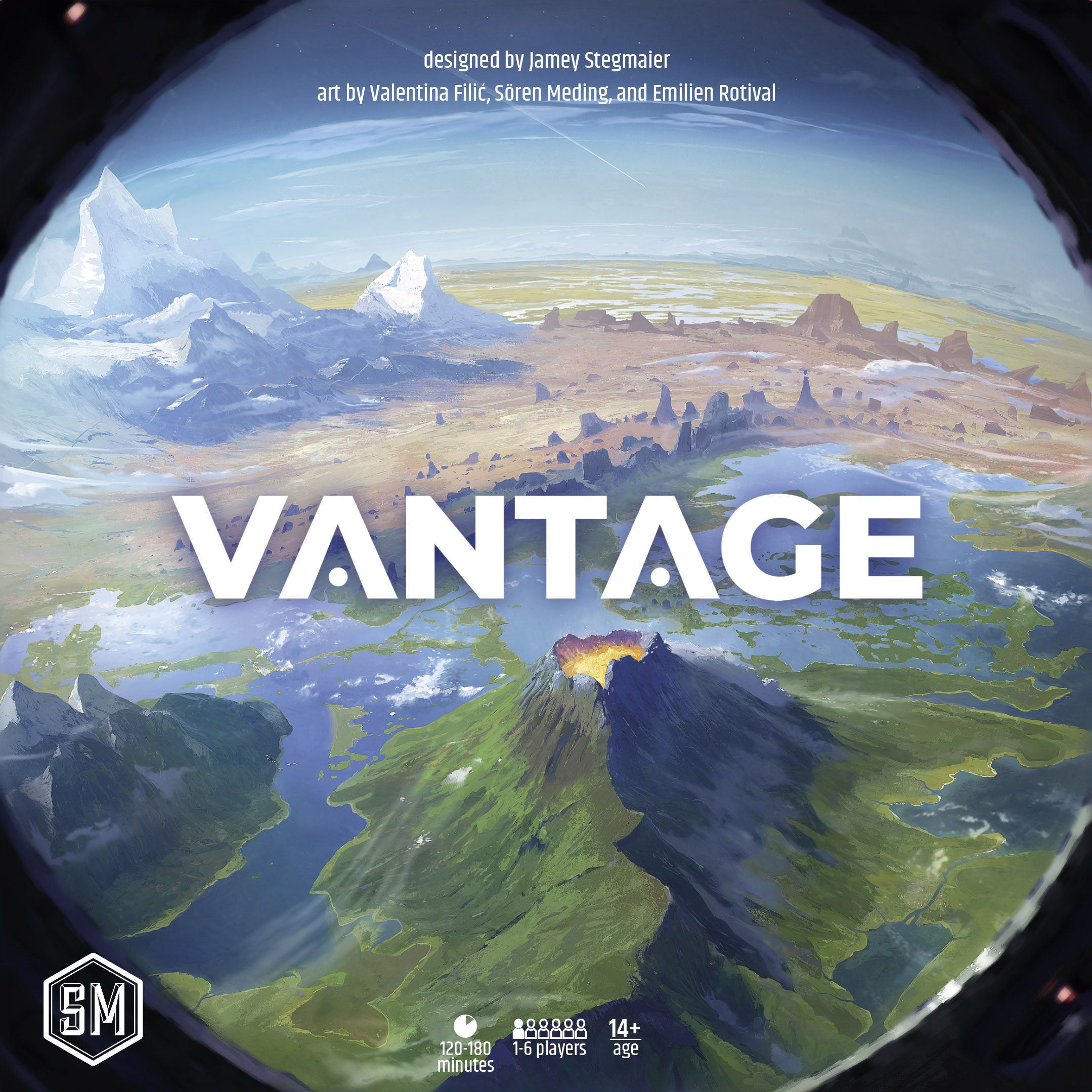 Fantastisch landschap met bergen, een vulkaan en het woord VANTAGE. Een gamecover met leeftijds- en spelersdetails.