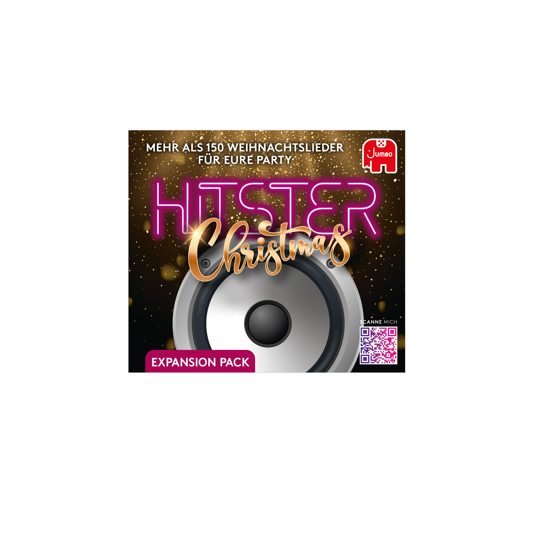 Poster con altoparlante, neon rosa 'HITS Christmas' su sfondo dorato e logo Jumbo. È un pacchetto di espansione.