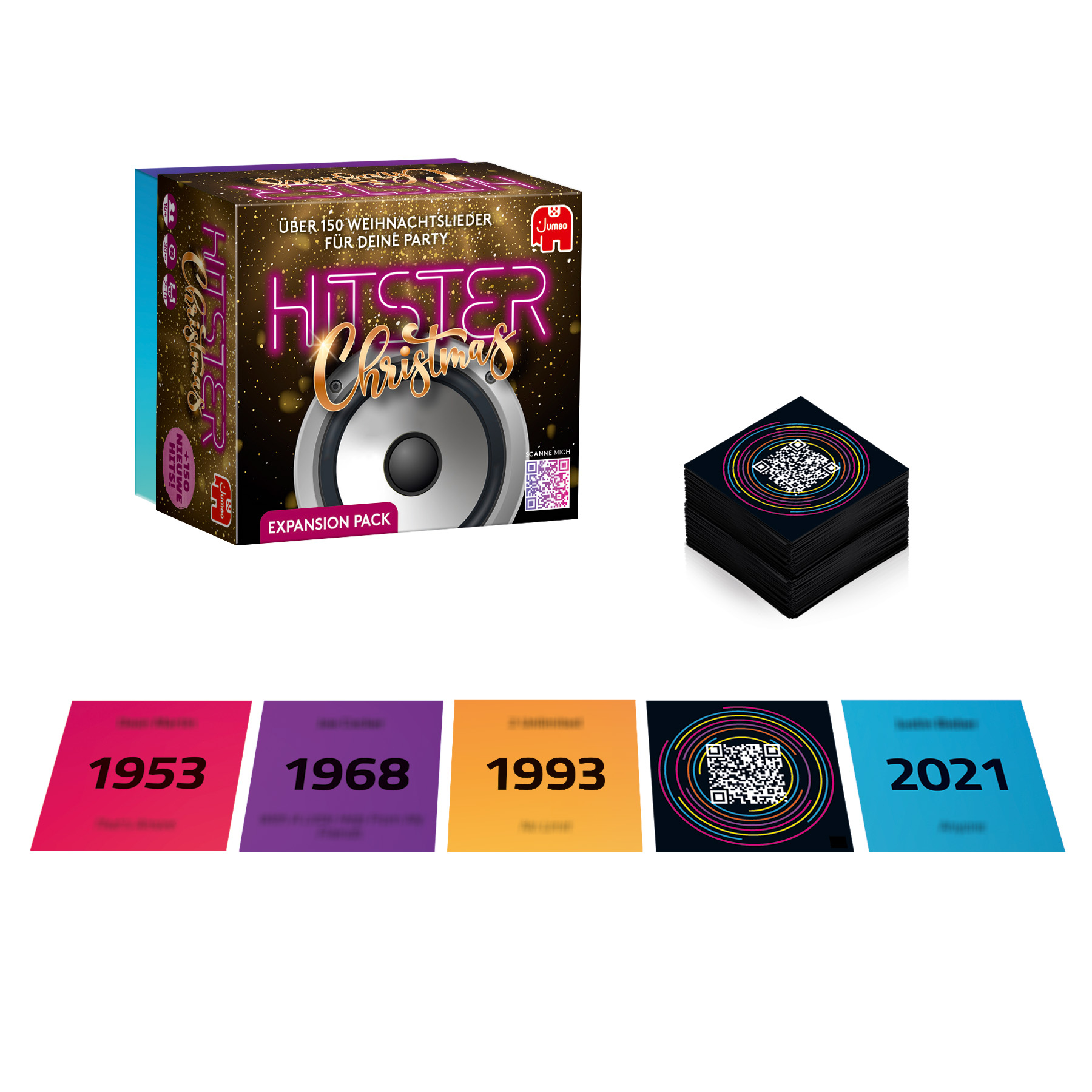 Gioco in scatola 'Hitster Christmas' con carte ed etichette colorate che mostrano gli anni 1953, 1968, 1993, un codice QR e 2021.