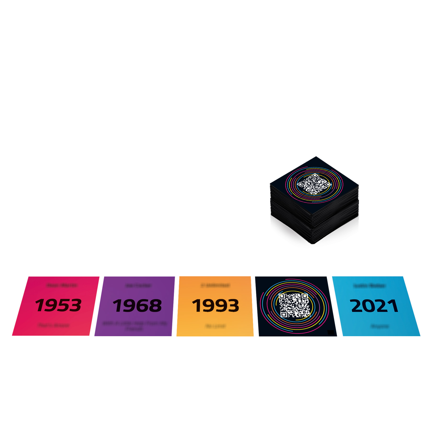 Carte con codici QR e anni (1953, 1968, 1993, 2021) su sfondi colorati sono visualizzate.