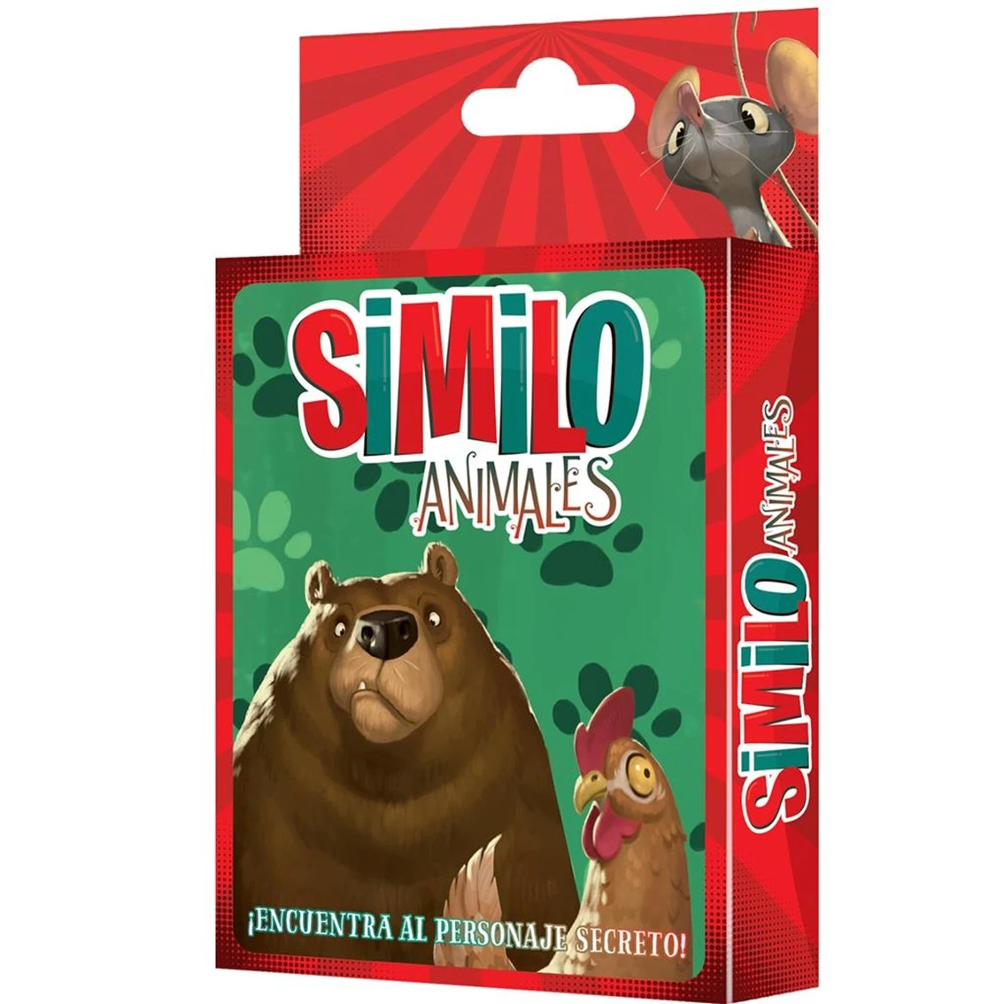 Caja del juego Similo Animales. Muestra un oso, una gallina y un ratón. El fondo es verde y la caja es roja.