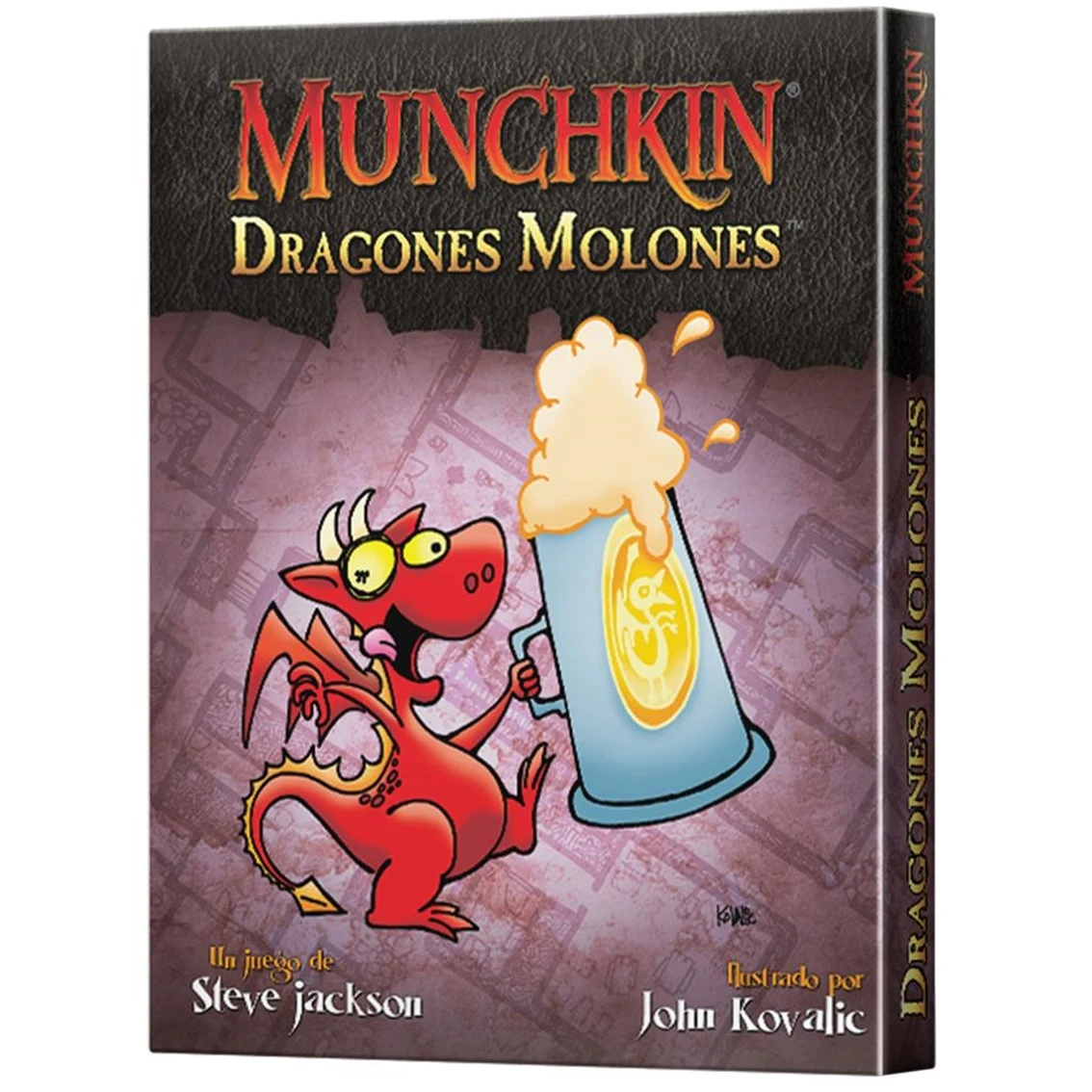 La caja del juego Munchkin: Dragones Molones. Un dragón rojo sostiene una jarra de cerveza. El título es naranja y el fondo es morado.